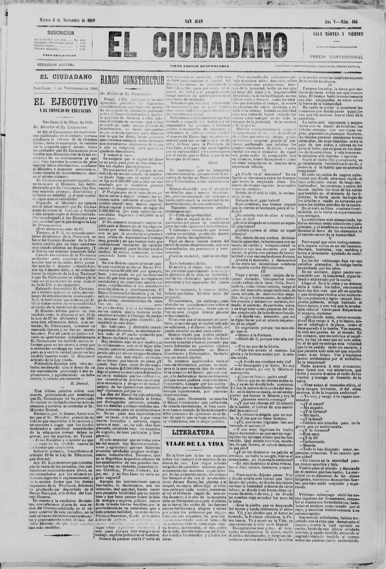 Portada · 5 de Noviembre de 1889