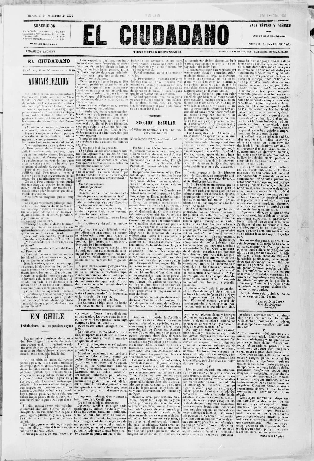 Portada · 8 de Noviembre de 1889