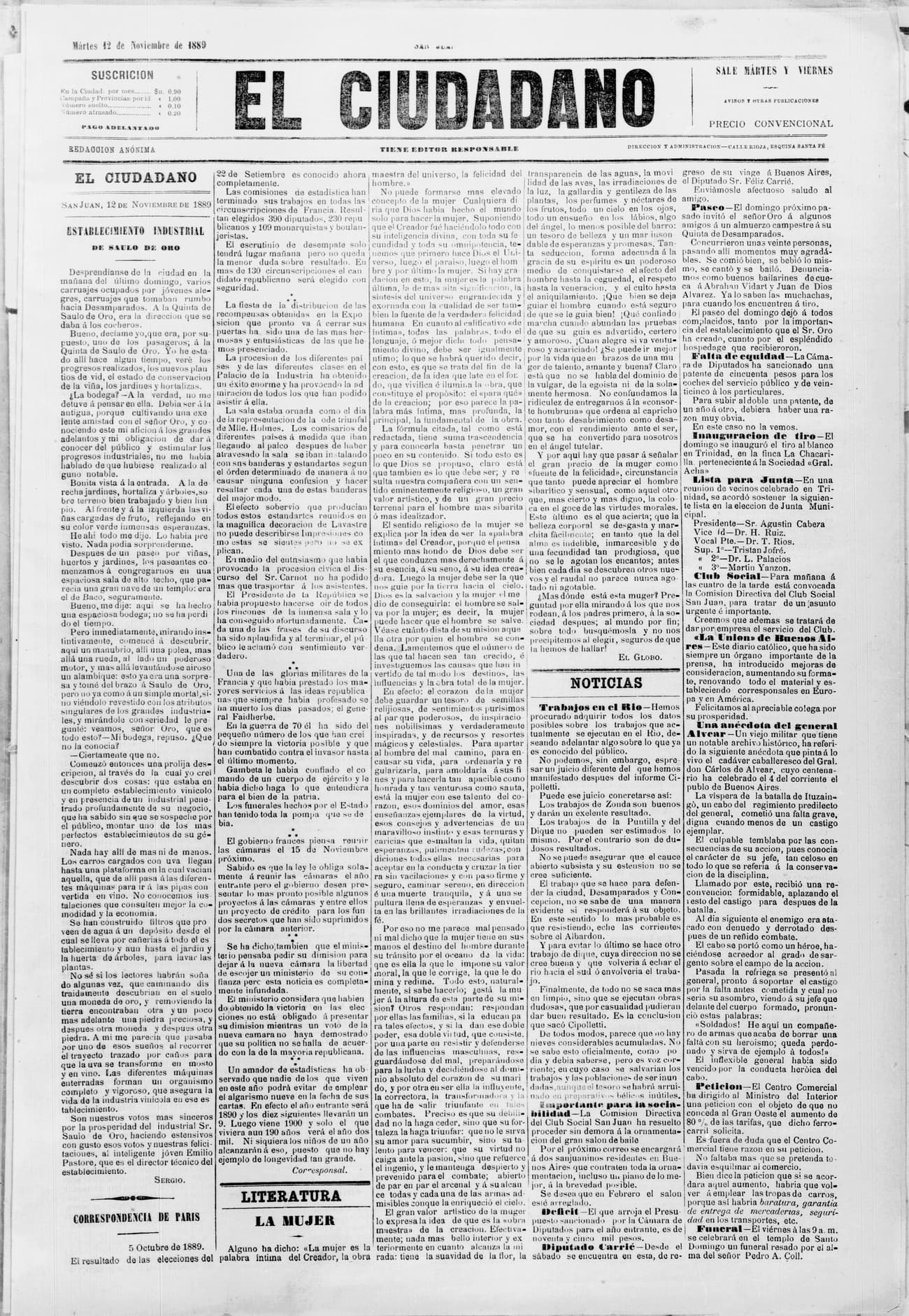 Portada · 12 de Noviembre de 1889