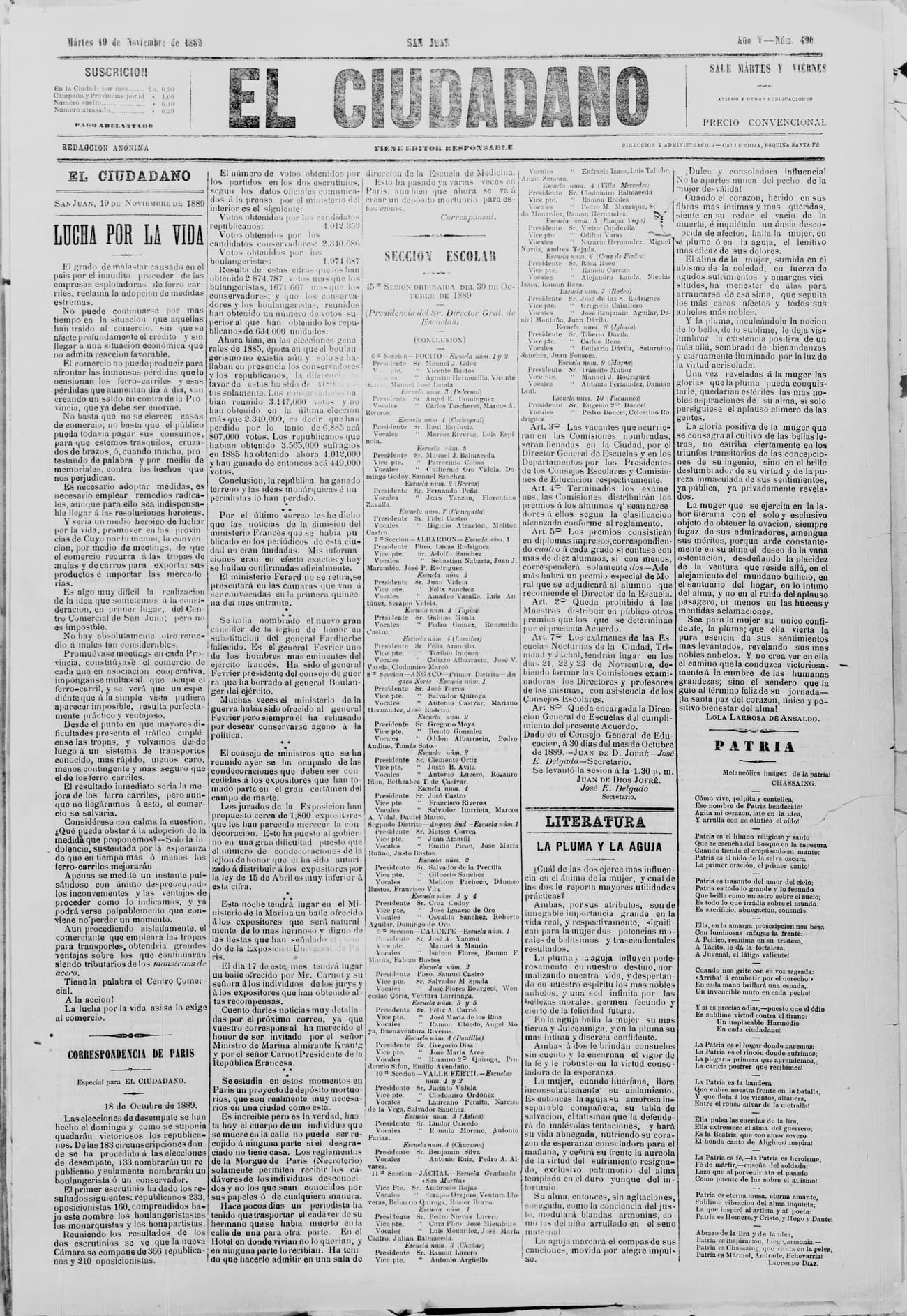 Portada · 19 de Noviembre de 1889