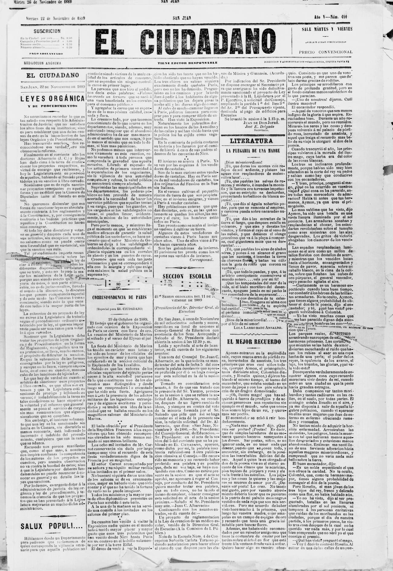Portada · 22 de Noviembre de 1889