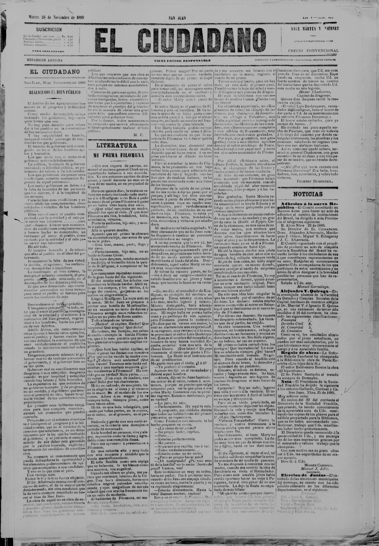 Portada · 26 de Noviembre de 1889