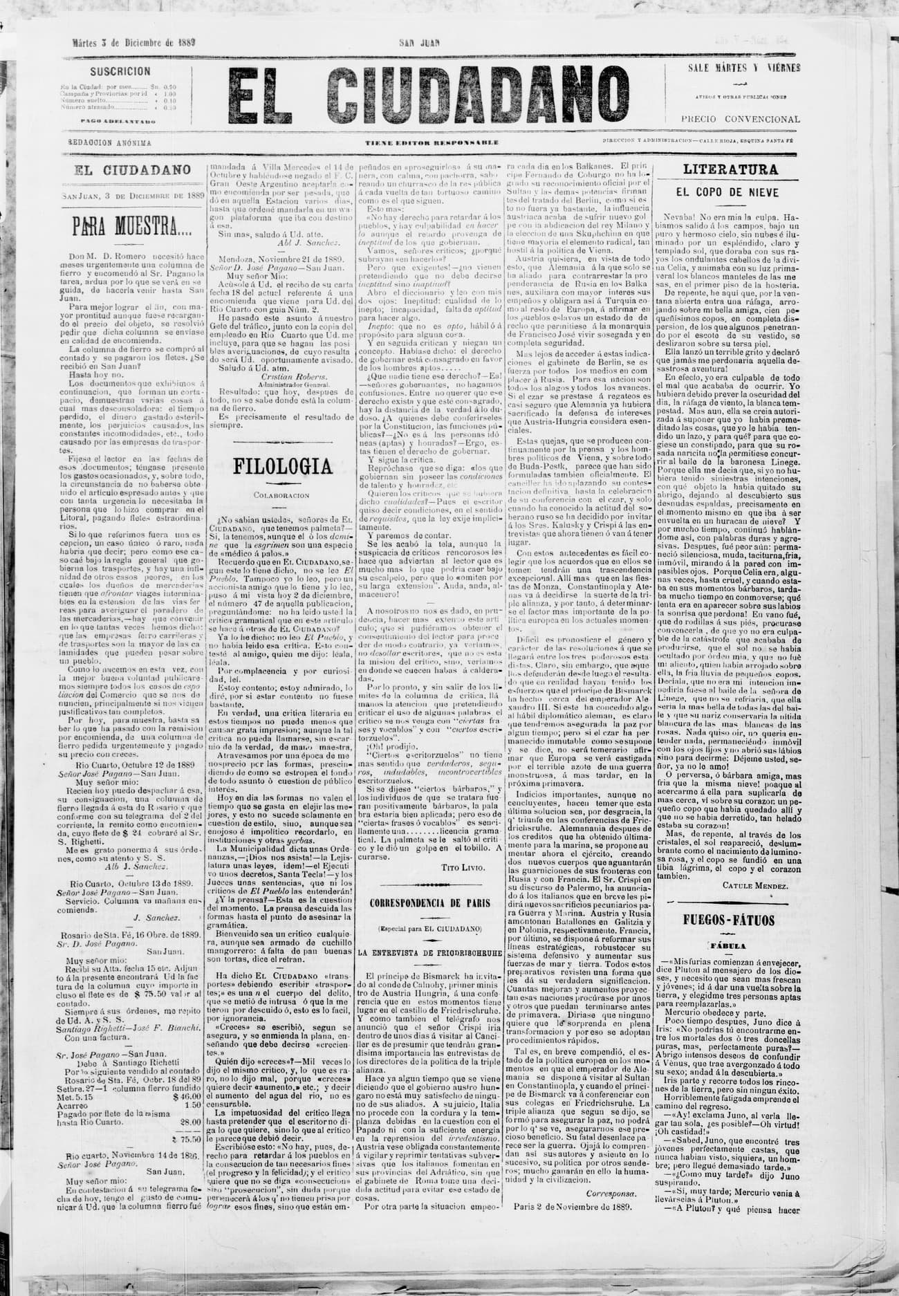 Portada · 3 de Diciembre de 1889