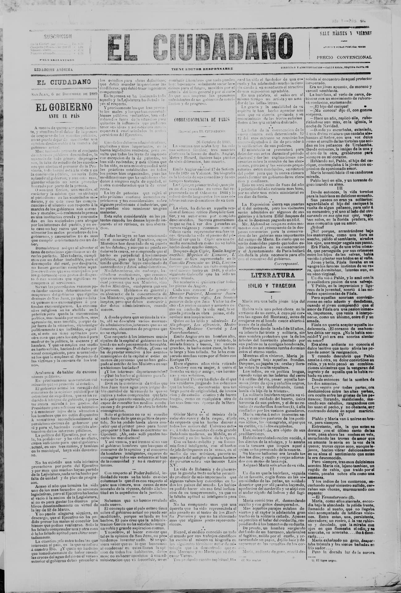 Portada · 6 de Diciembre de 1889