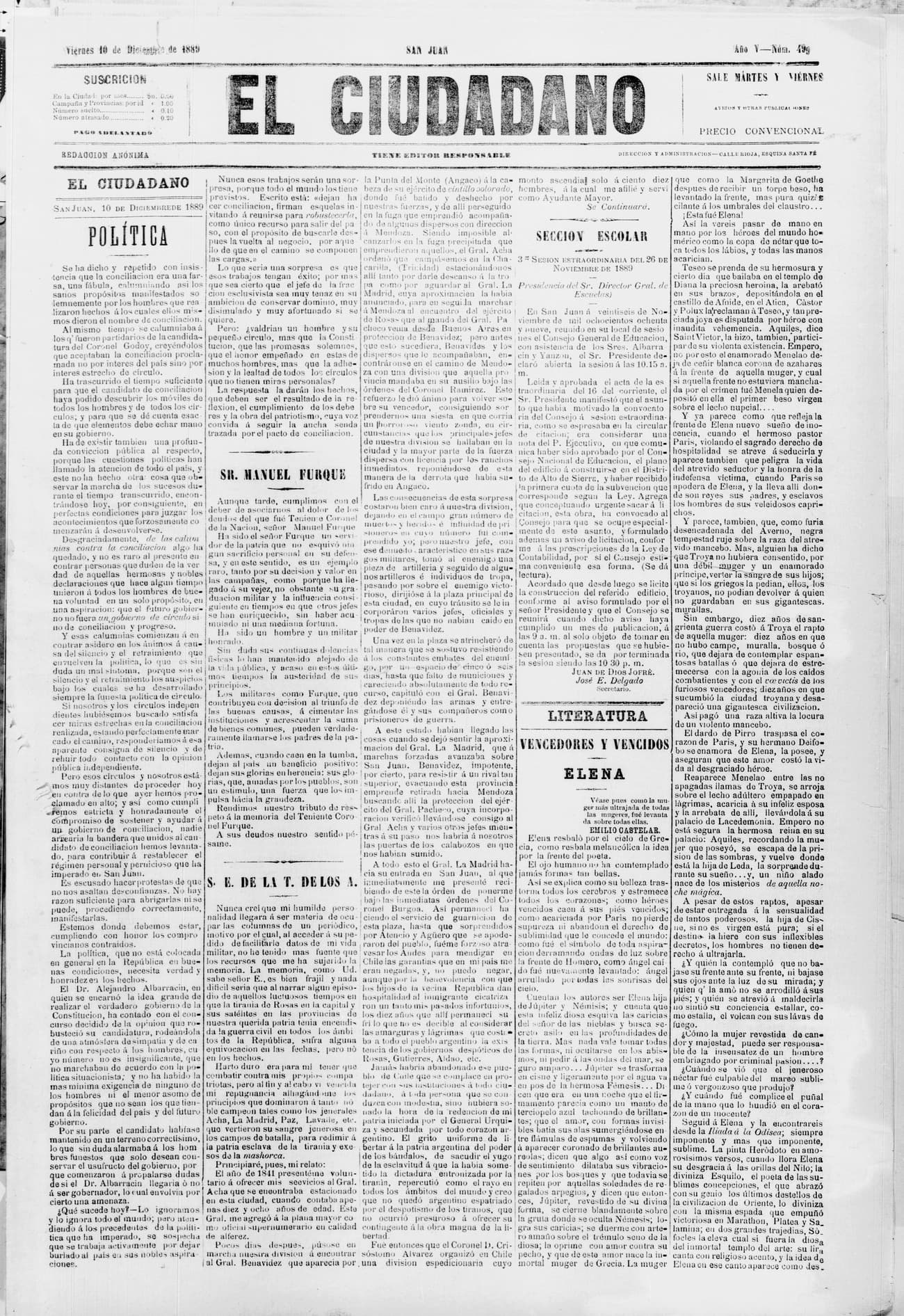 Portada · 10 de Diciembre de 1889