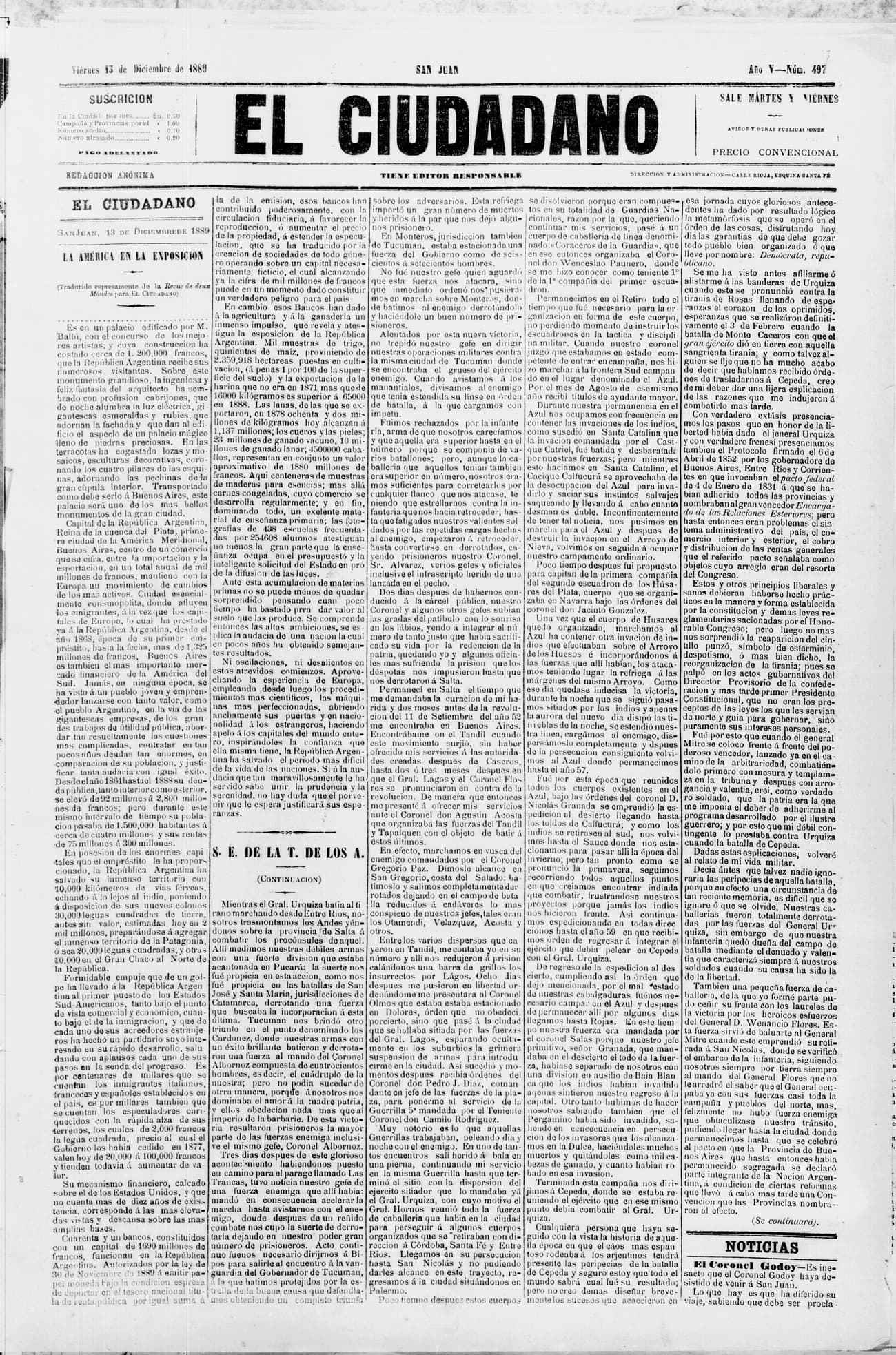Portada · 13 de Diciembre de 1889