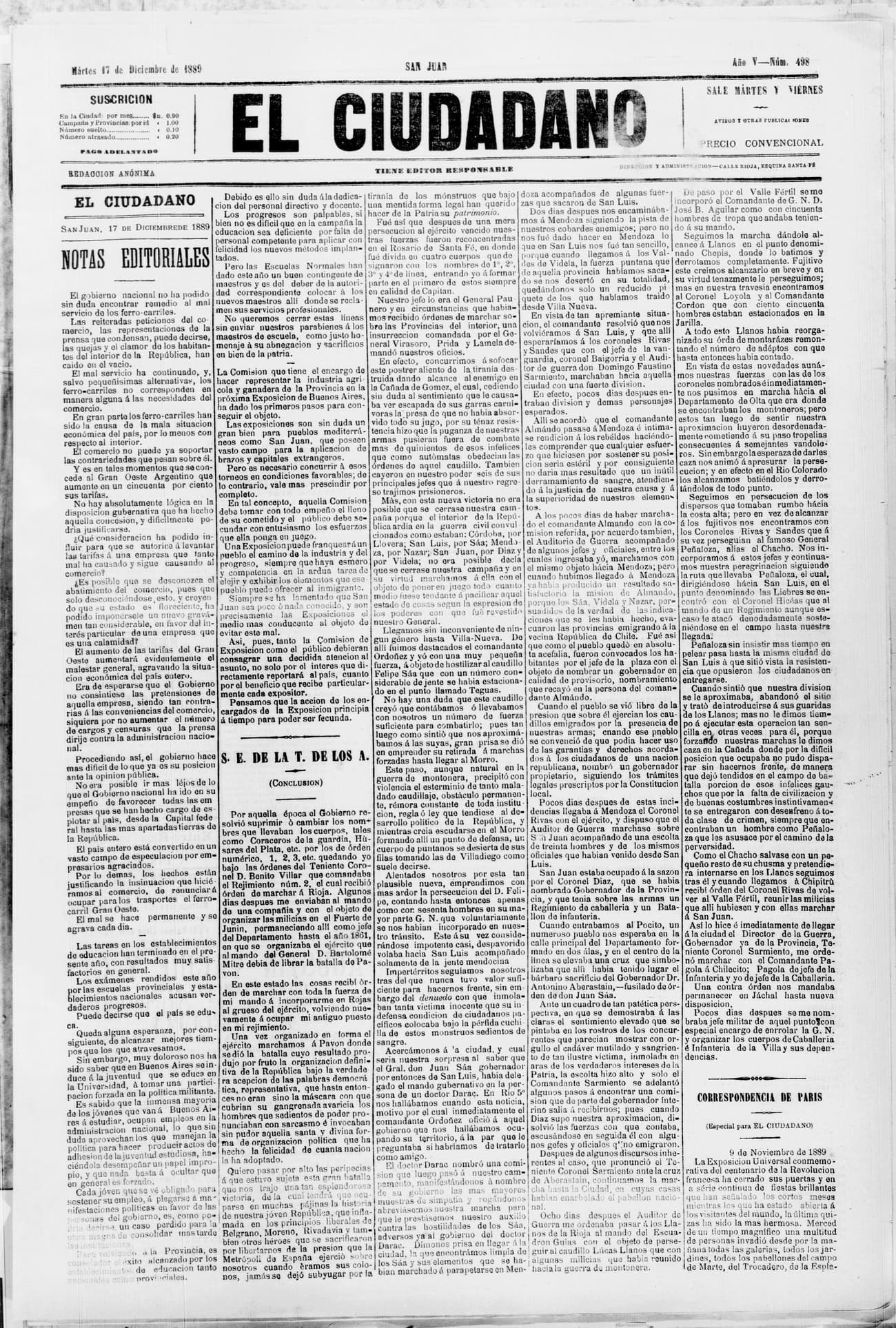 Portada · 17 de Diciembre de 1889