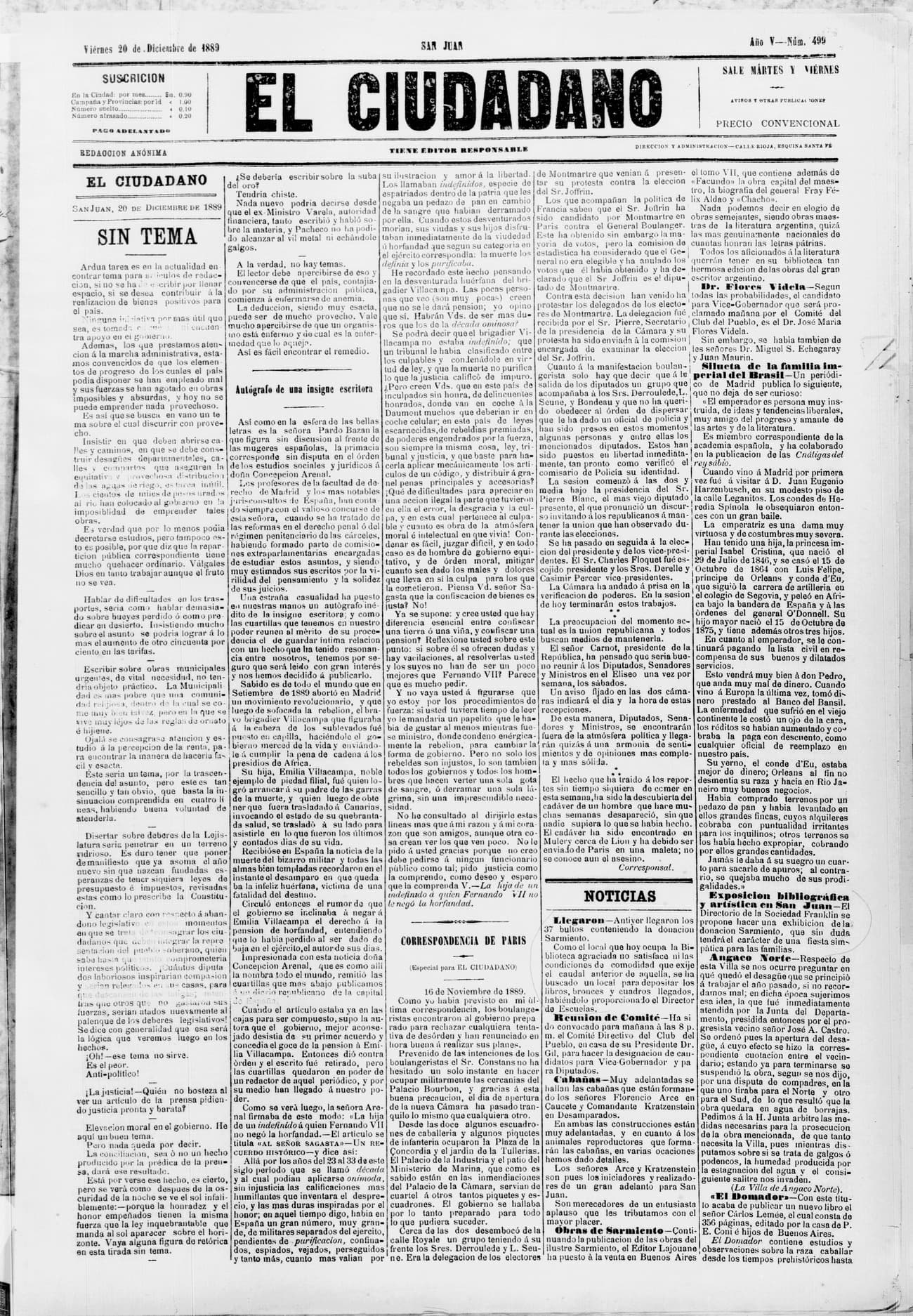 Portada · 20 de Diciembre de 1889