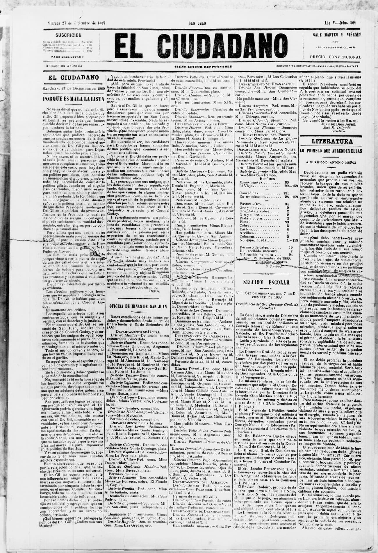 Portada · 27 de Diciembre de 1889