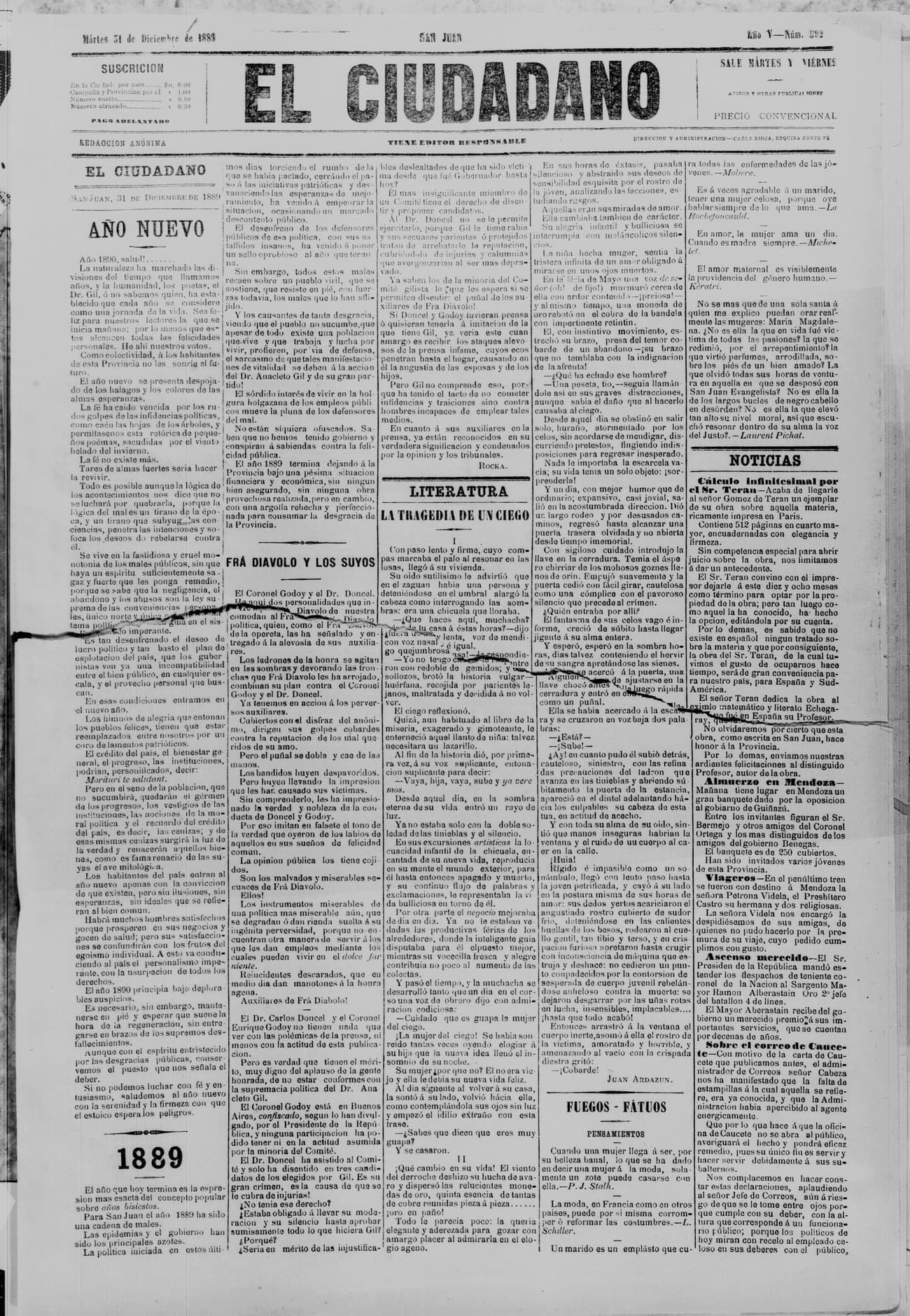 Portada · 31 de Diciembre de 1889