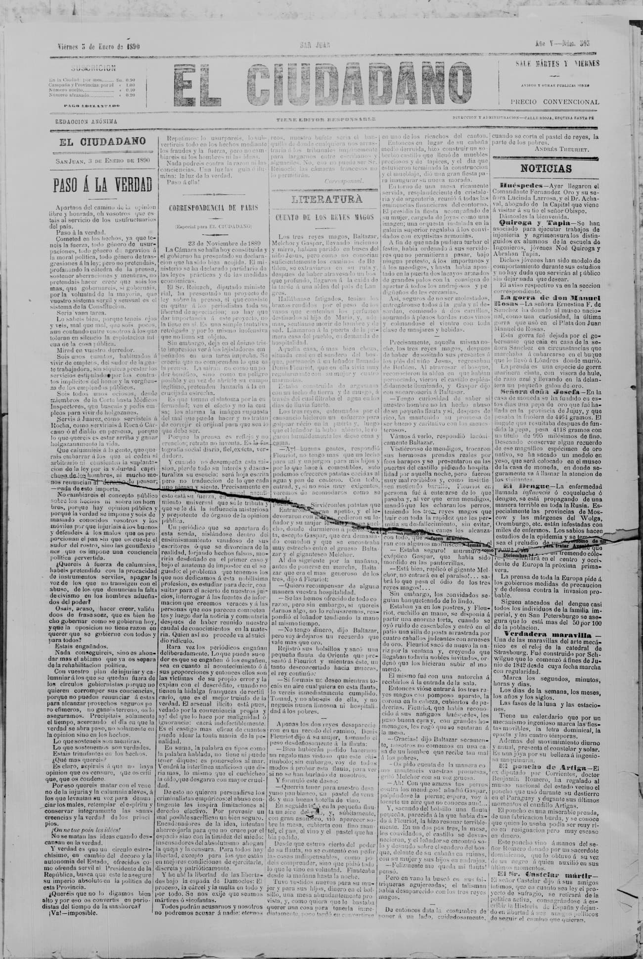 Portada · 3 de Enero de 1890