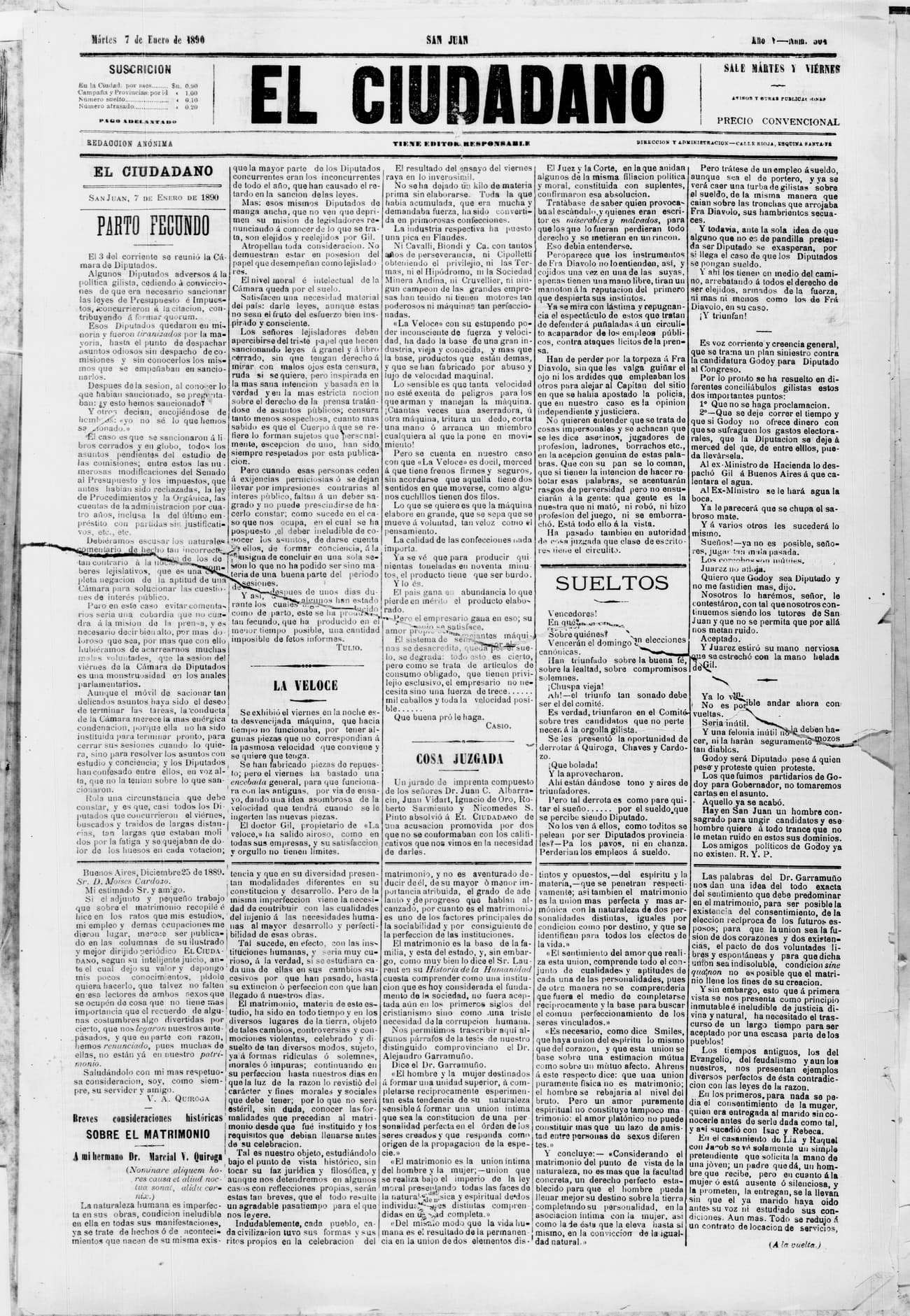 Portada · 7 de Enero de 1890