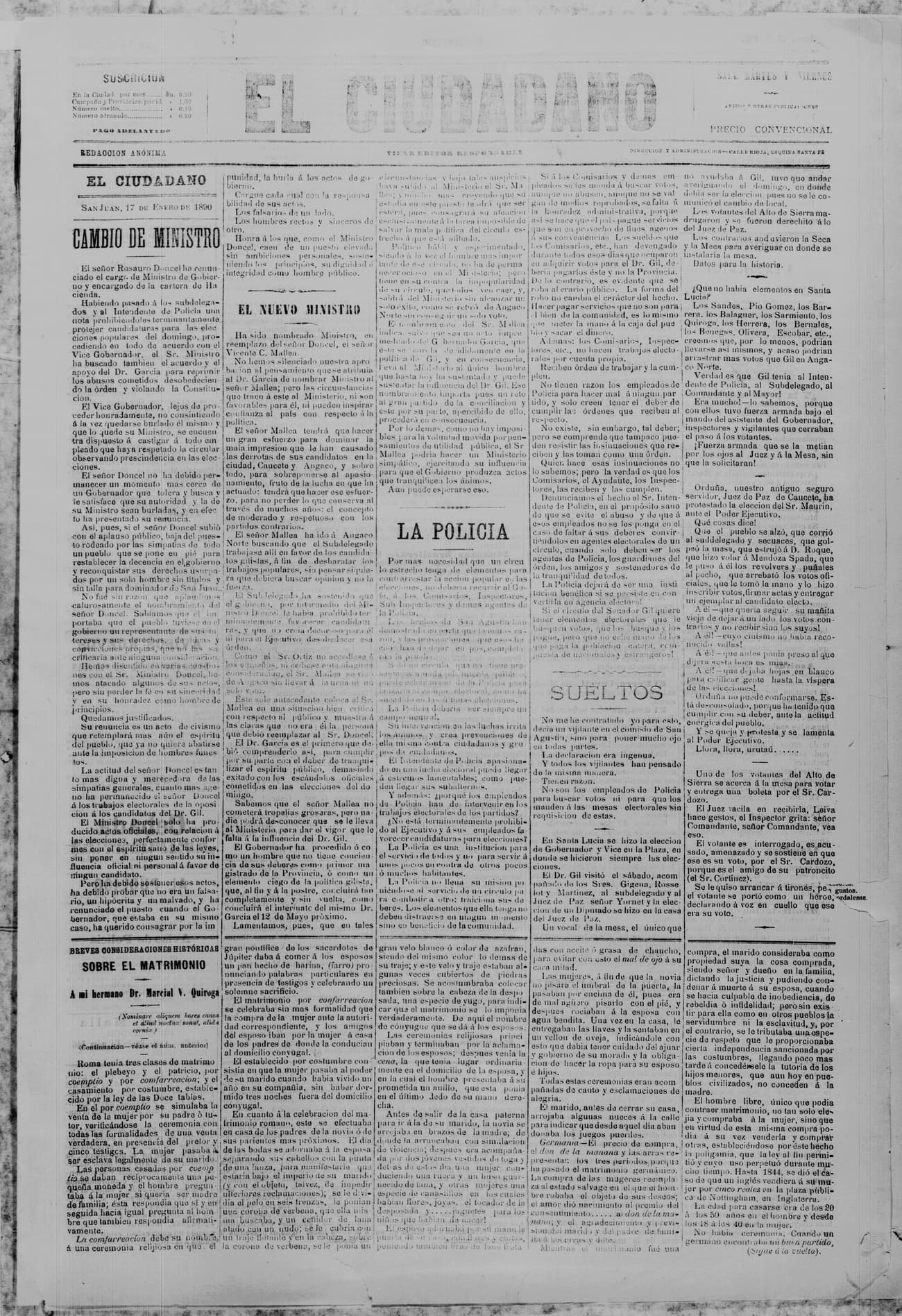 Portada · 17 de Enero de 1890