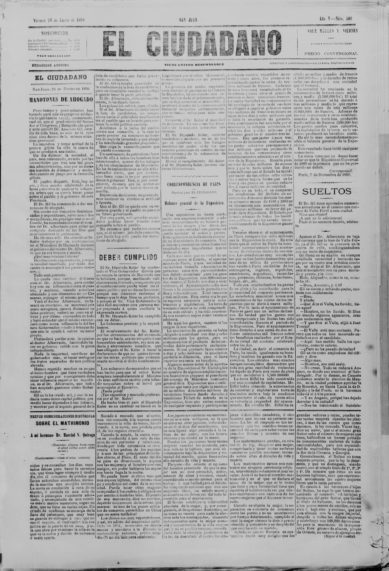 Portada · 24 de Enero de 1890