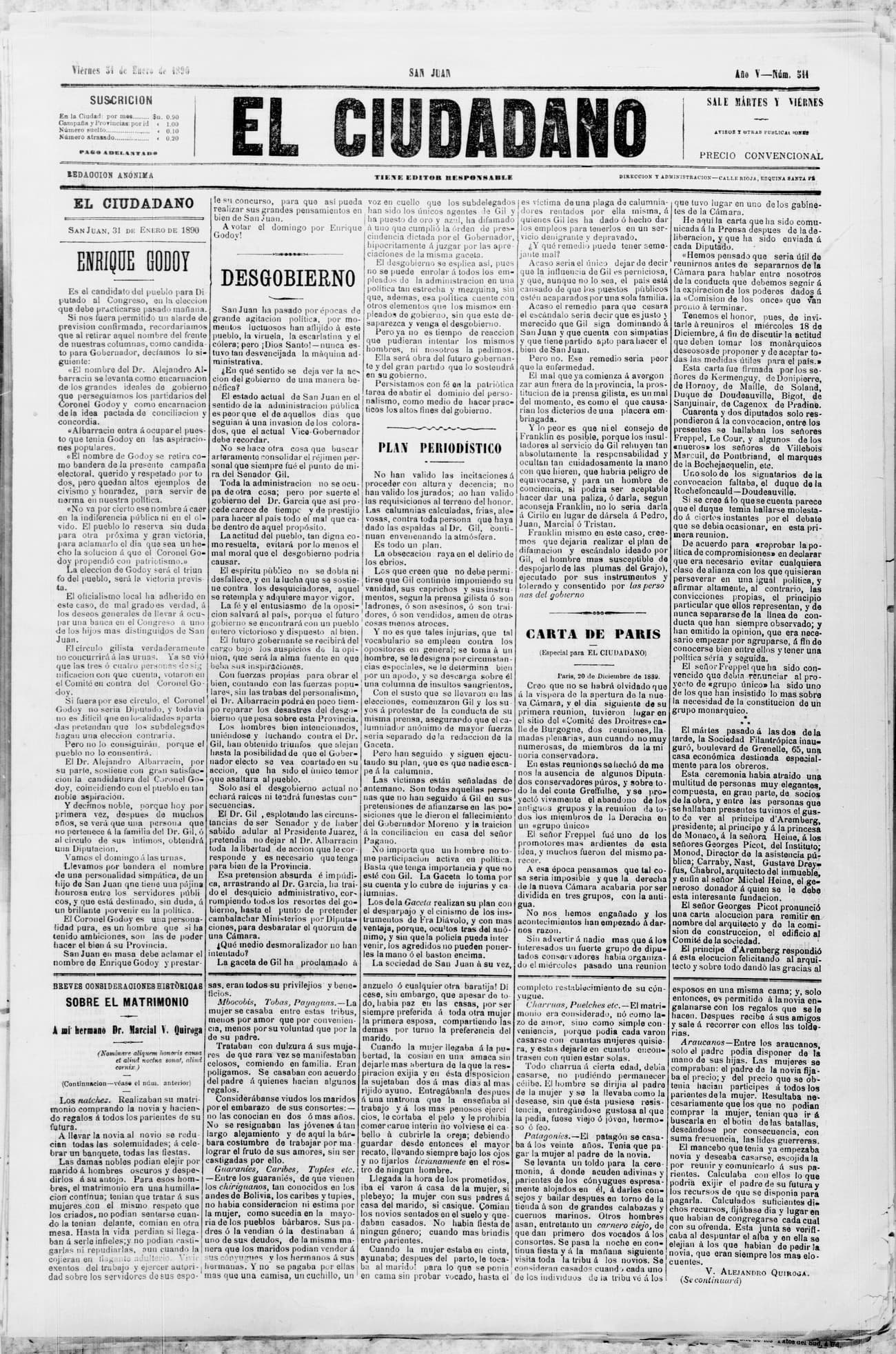 Portada · 31 de Enero de 1890