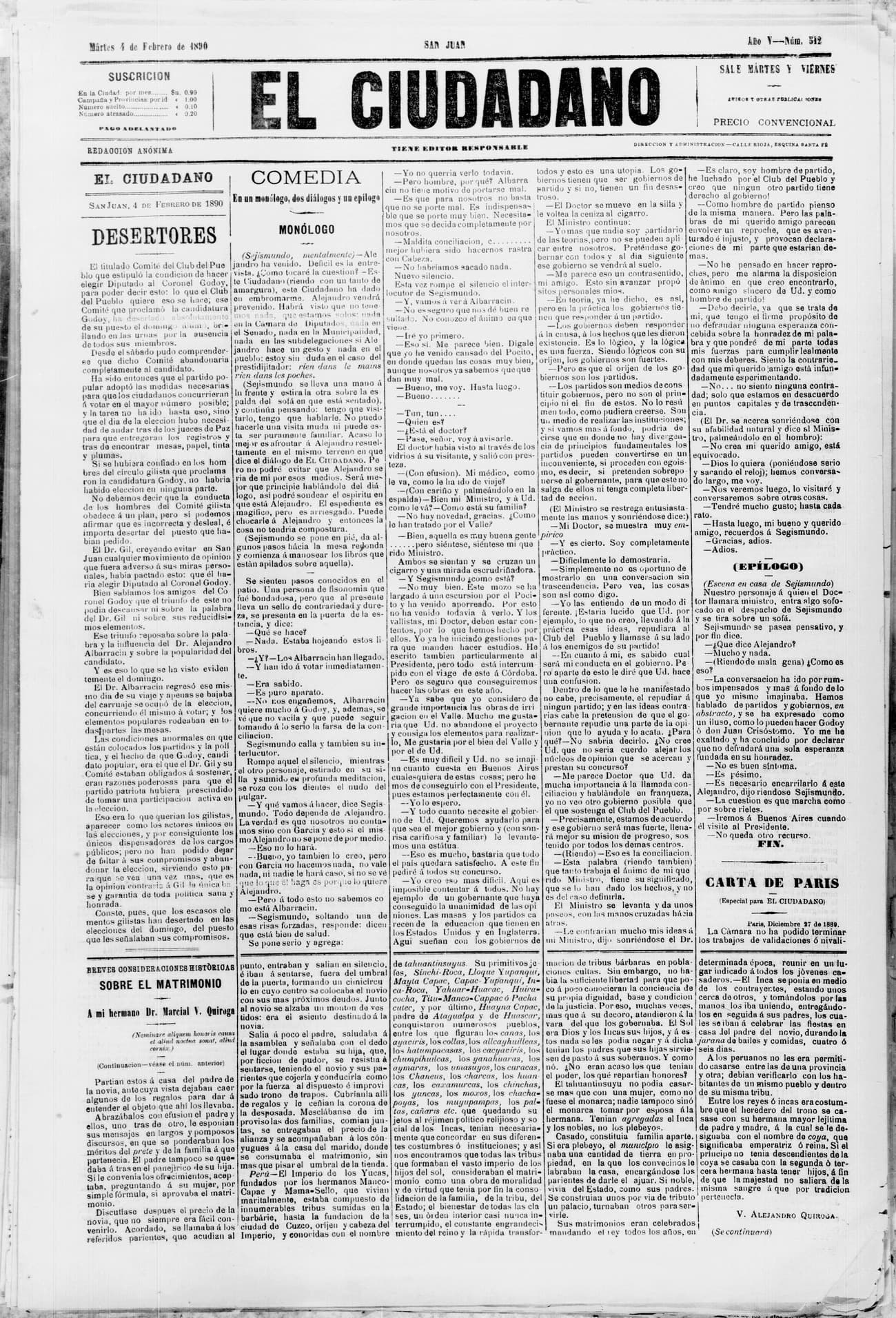 Portada · 4 de Febrero de 1890