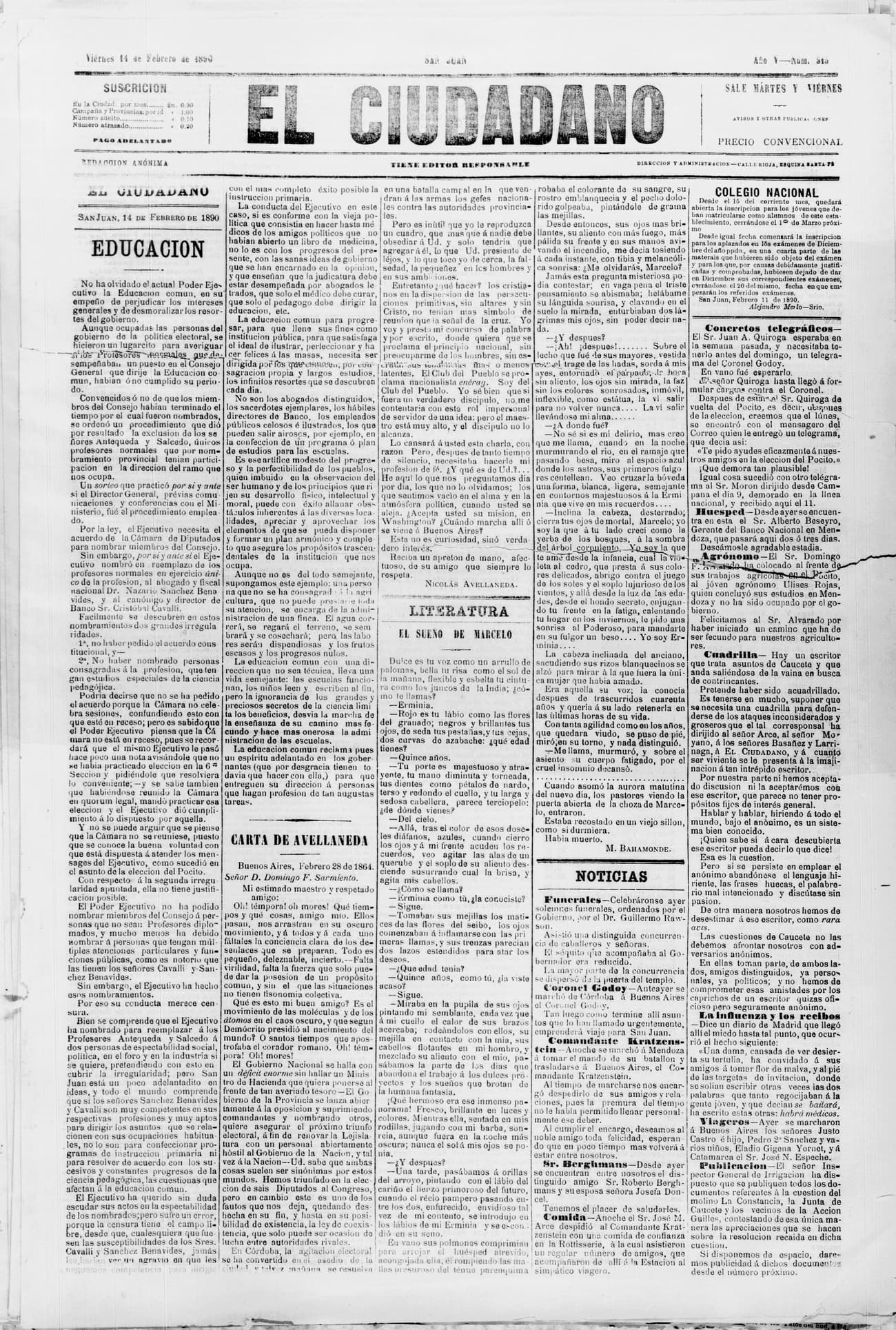 Portada · 14 de Febrero de 1890
