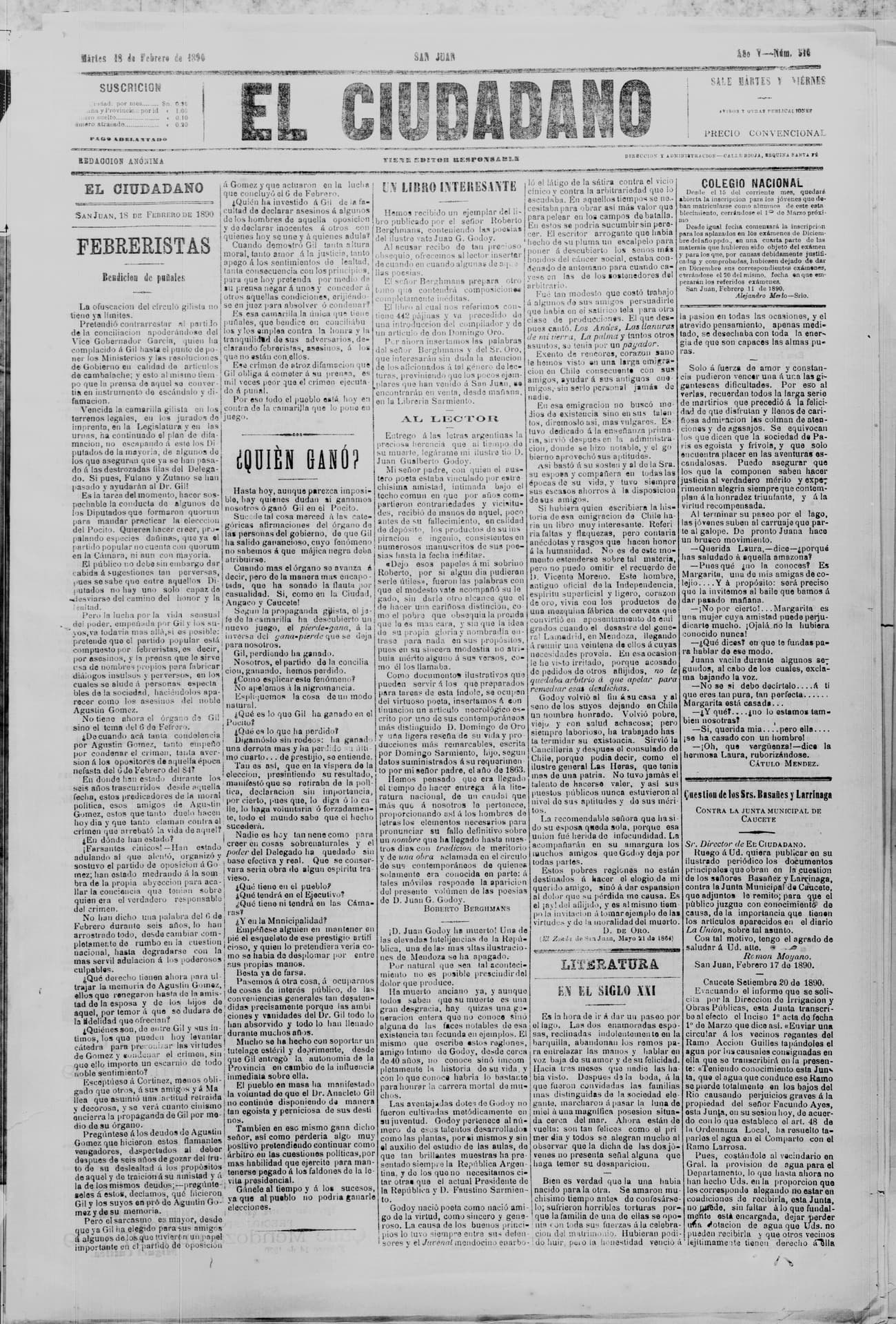 Portada · 18 de Febrero de 1890