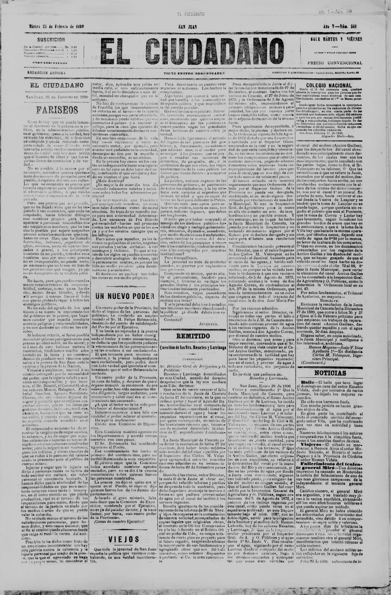 Portada · 25 de Febrero de 1890