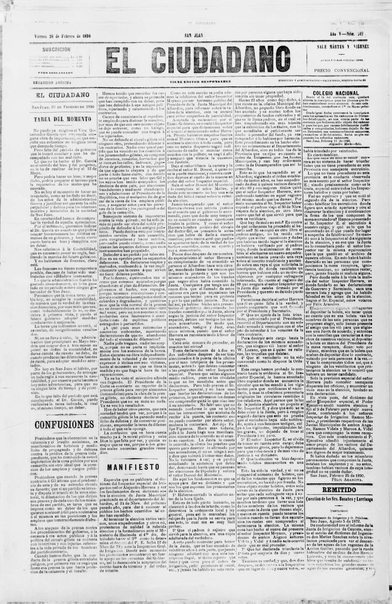 Portada · 28 de Febrero de 1890