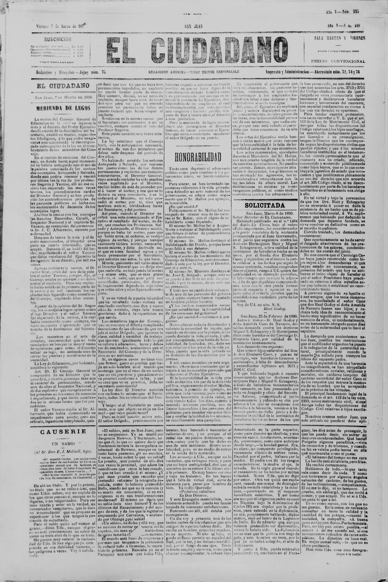 Portada · 7 de Marzo de 1890