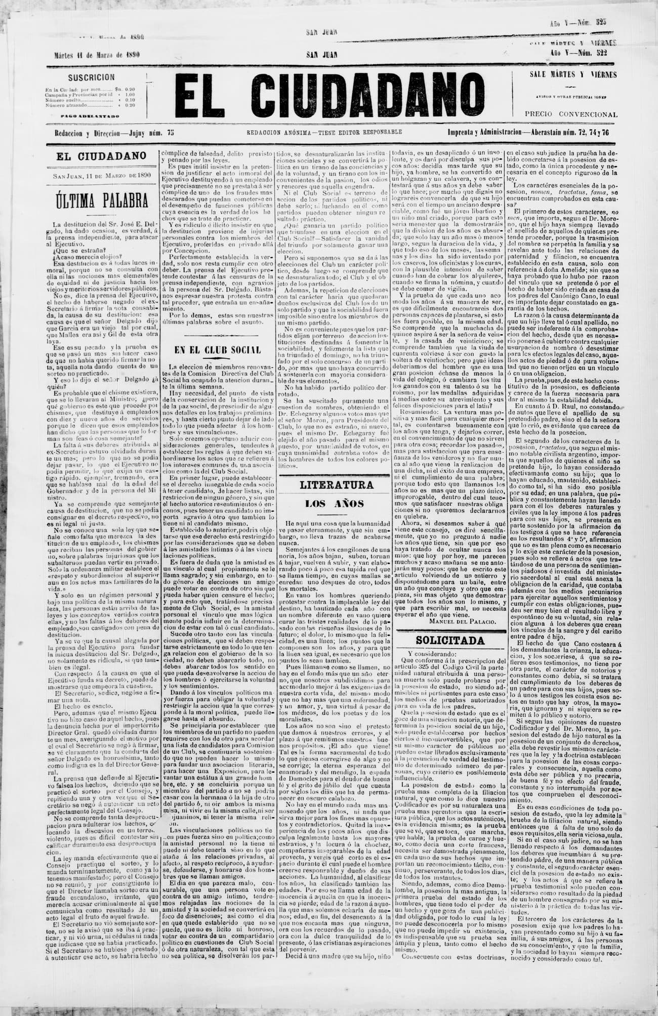Portada · 11 de Marzo de 1890
