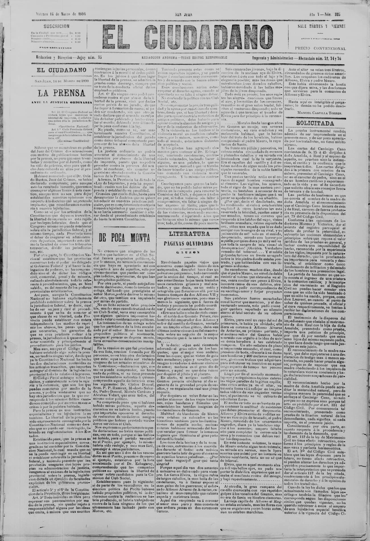 Portada · 14 de Marzo de 1890