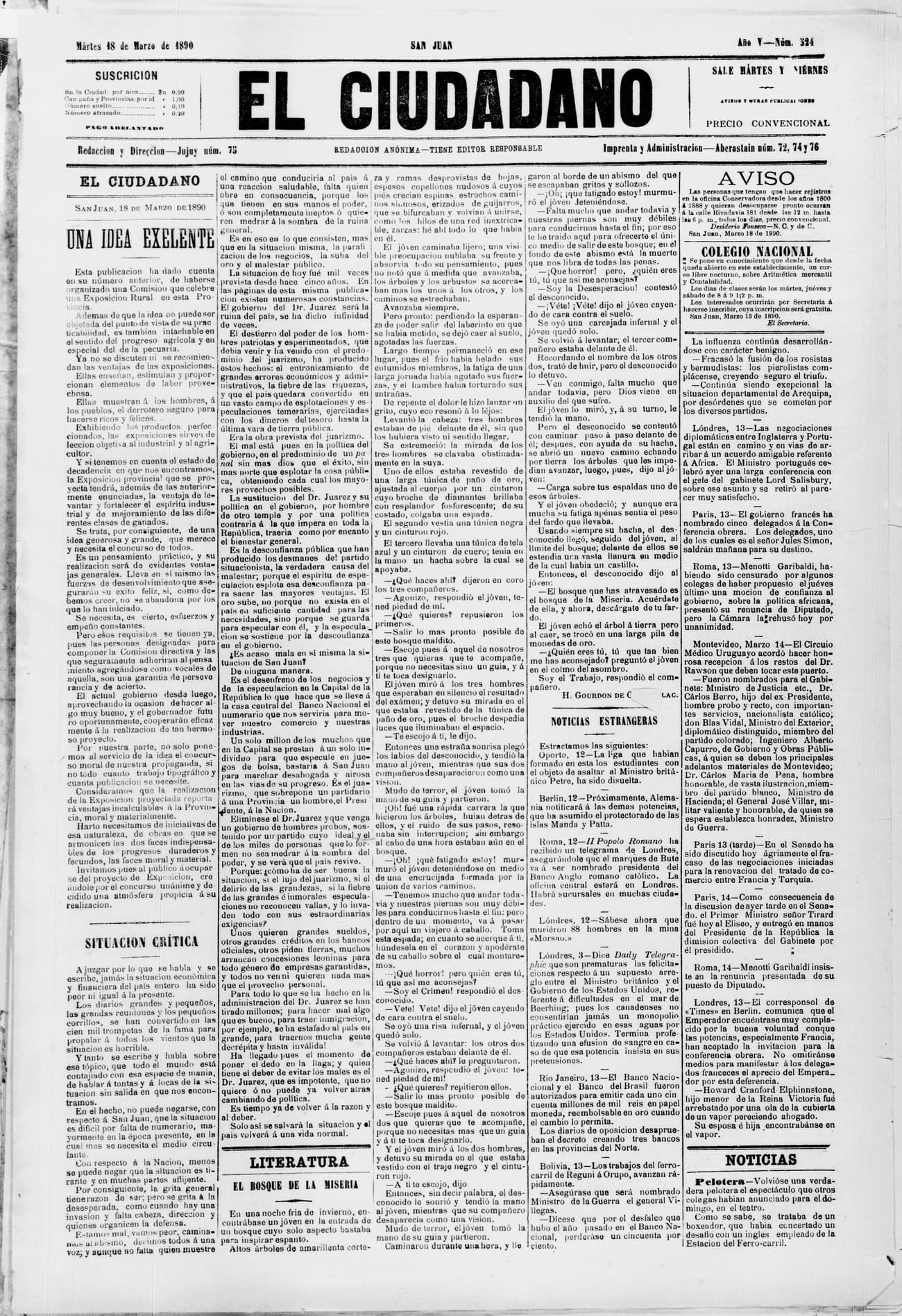 Portada · 18 de Marzo de 1890