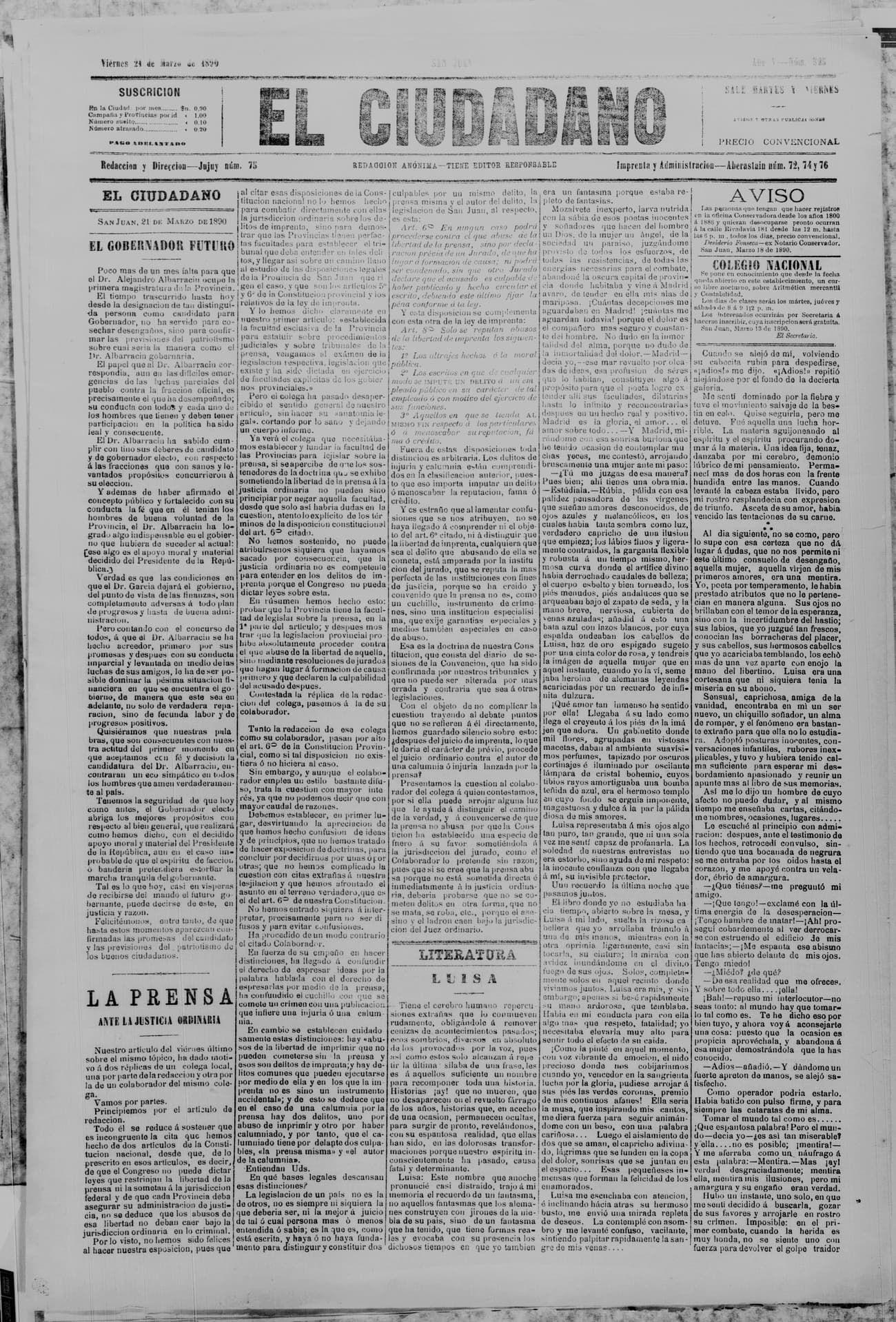 Portada · 21 de Marzo de 1890