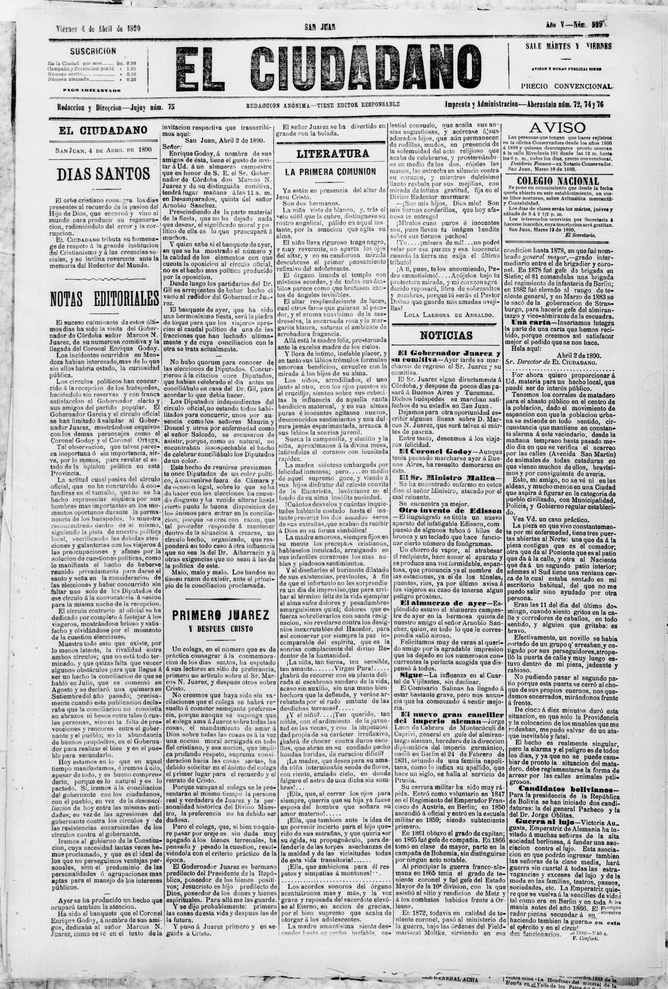 Portada · 4 de Abril de 1890