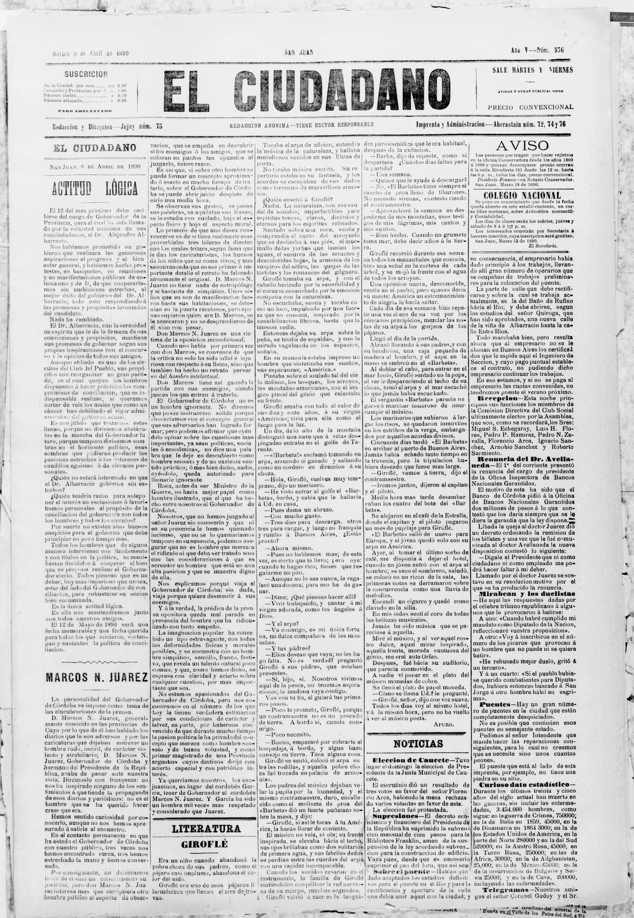 Portada · 8 de Abril de 1890