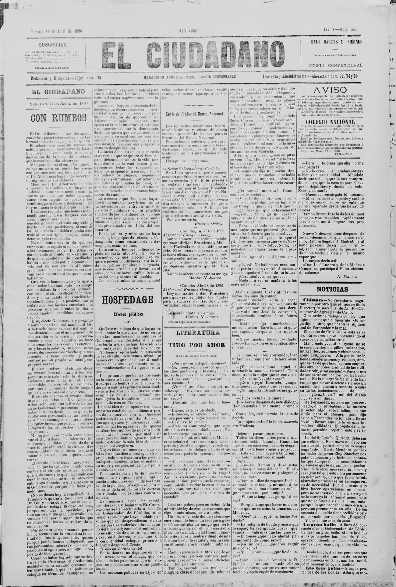 Portada · 11 de Abril de 1890