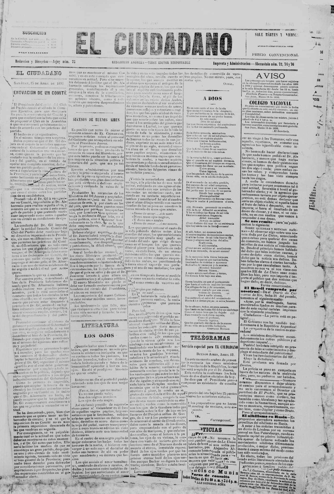 Portada · 15 de Abril de 1890