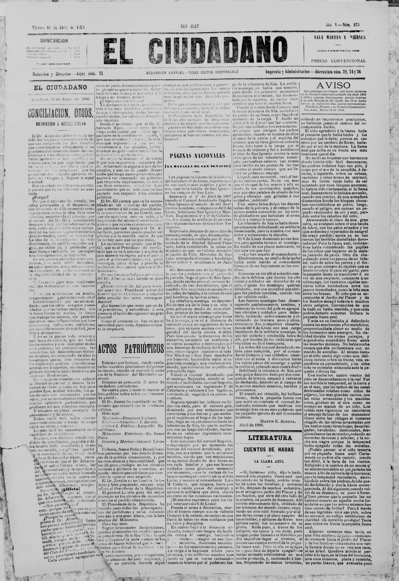 Portada · 18 de Abril de 1890