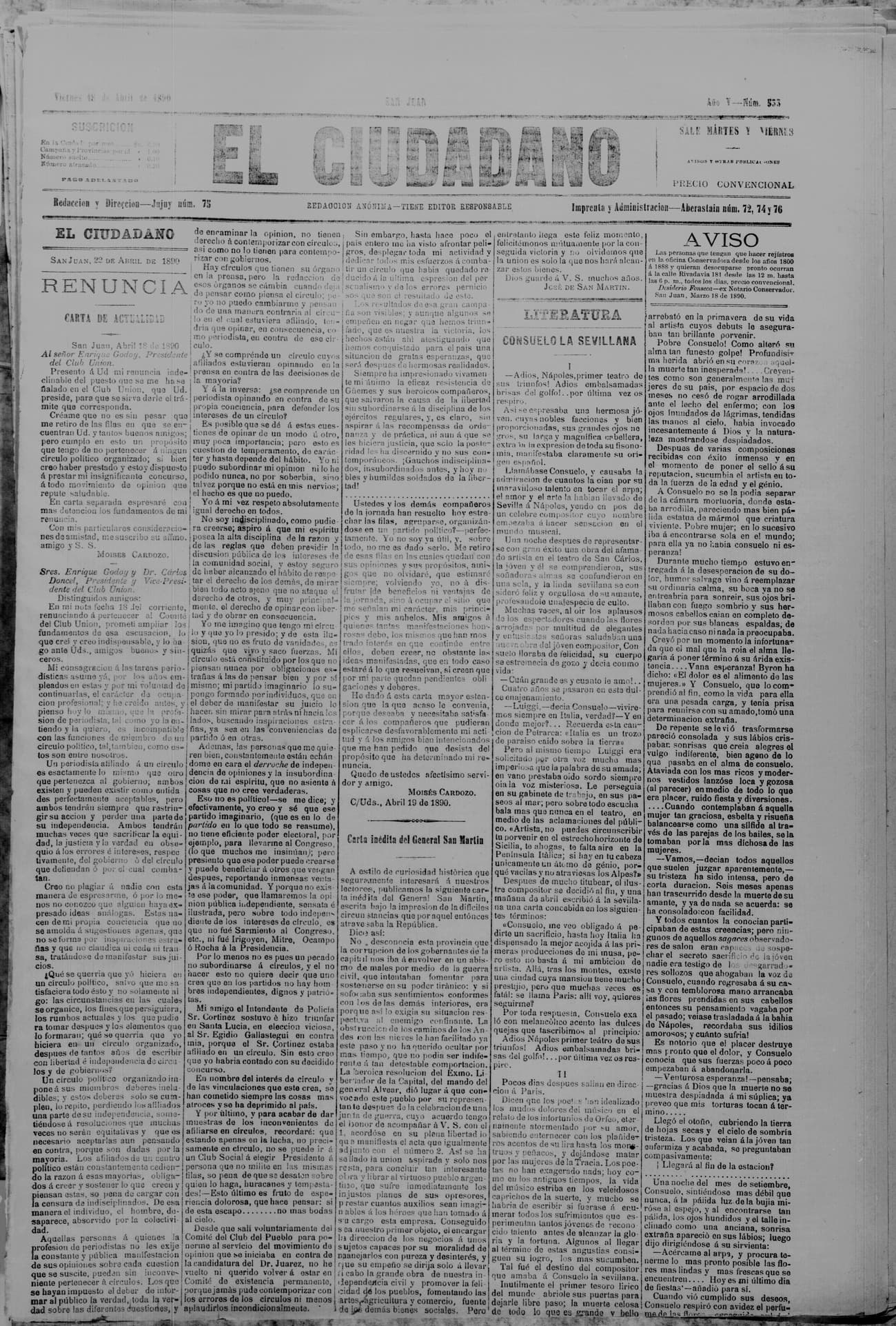 Portada · 22 de Abril de 1890
