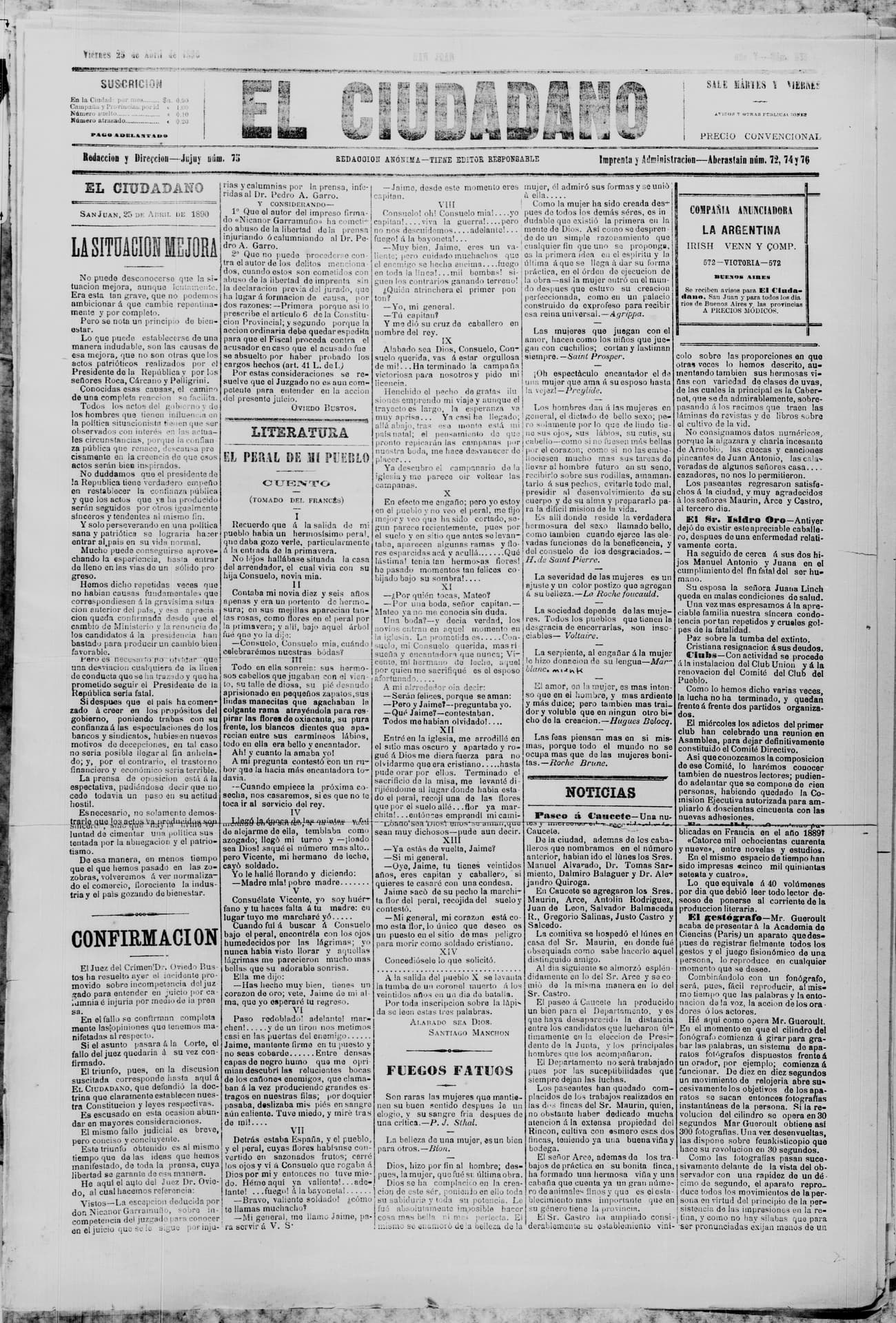 Portada · 25 de Abril de 1890