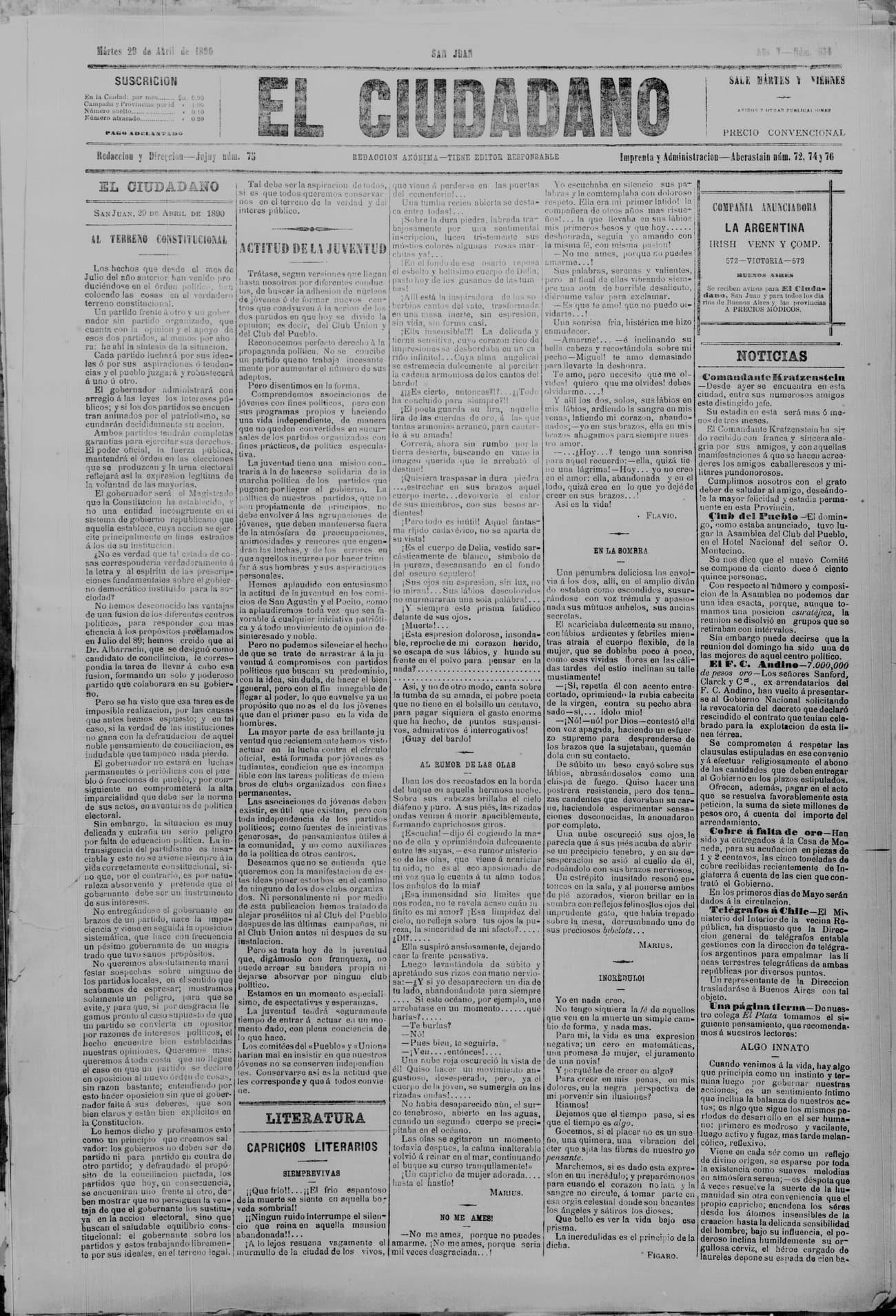 Portada · 29 de Abril de 1890