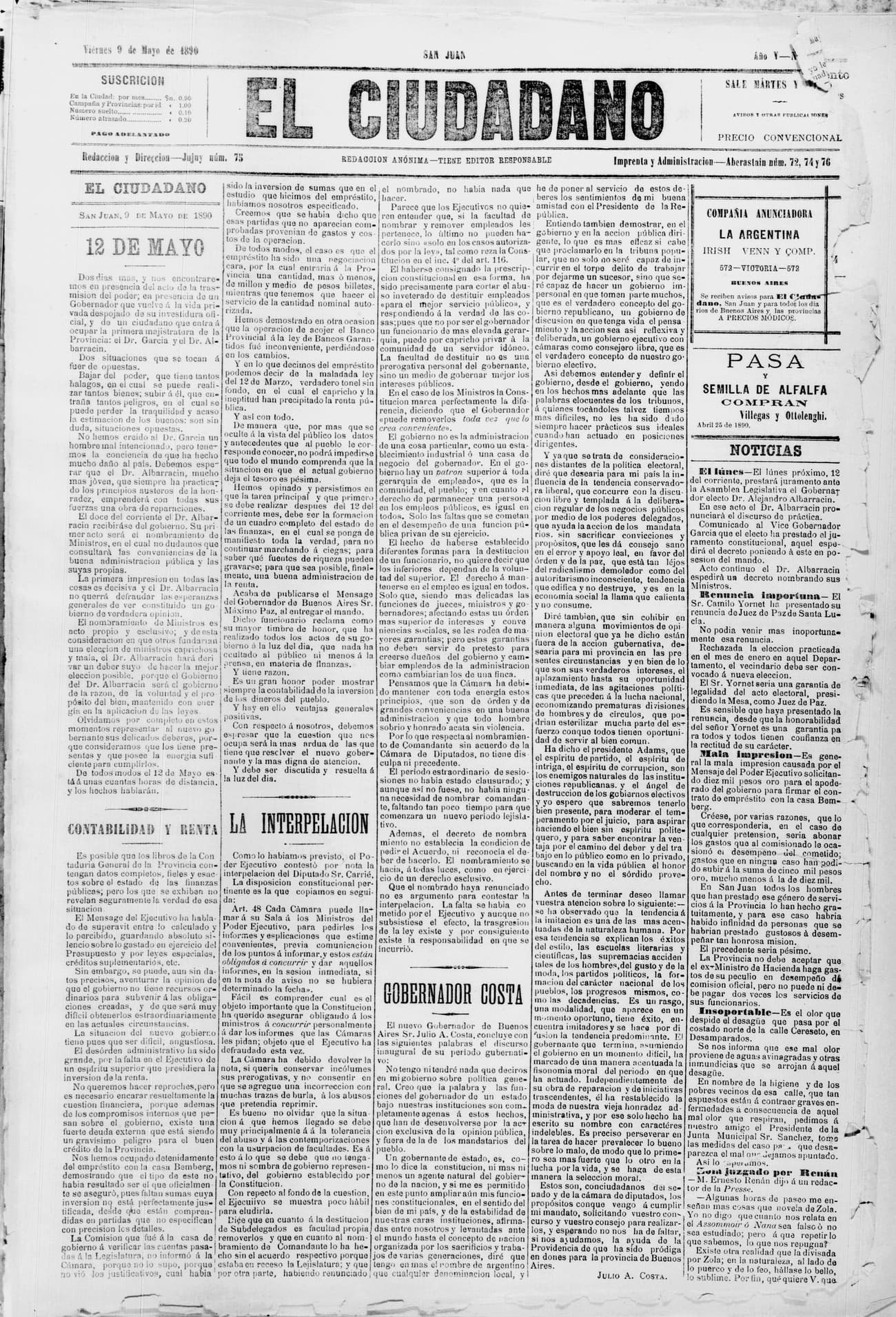 Portada · 9 de Mayo de 1890