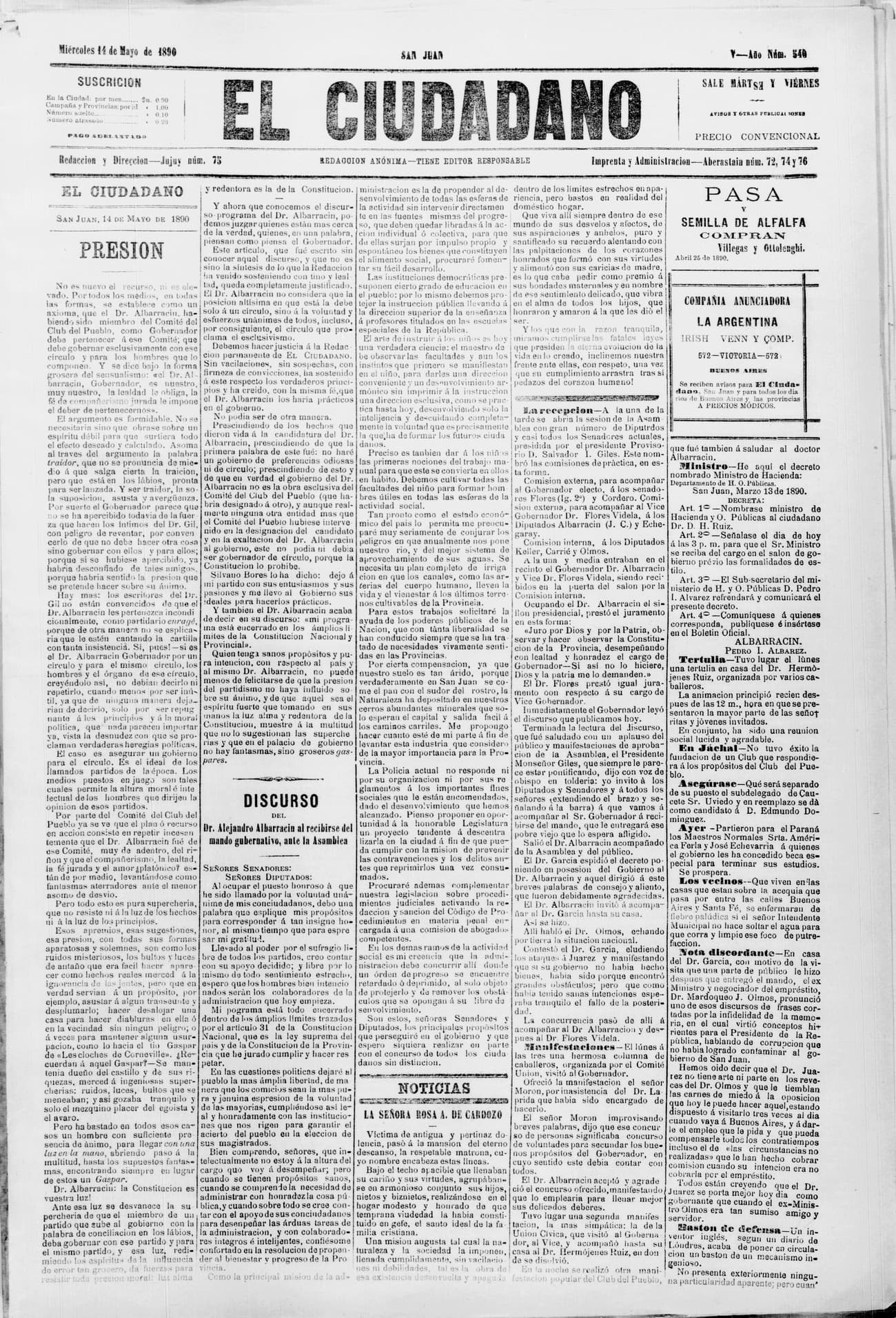 Portada · 14 de Mayo de 1890