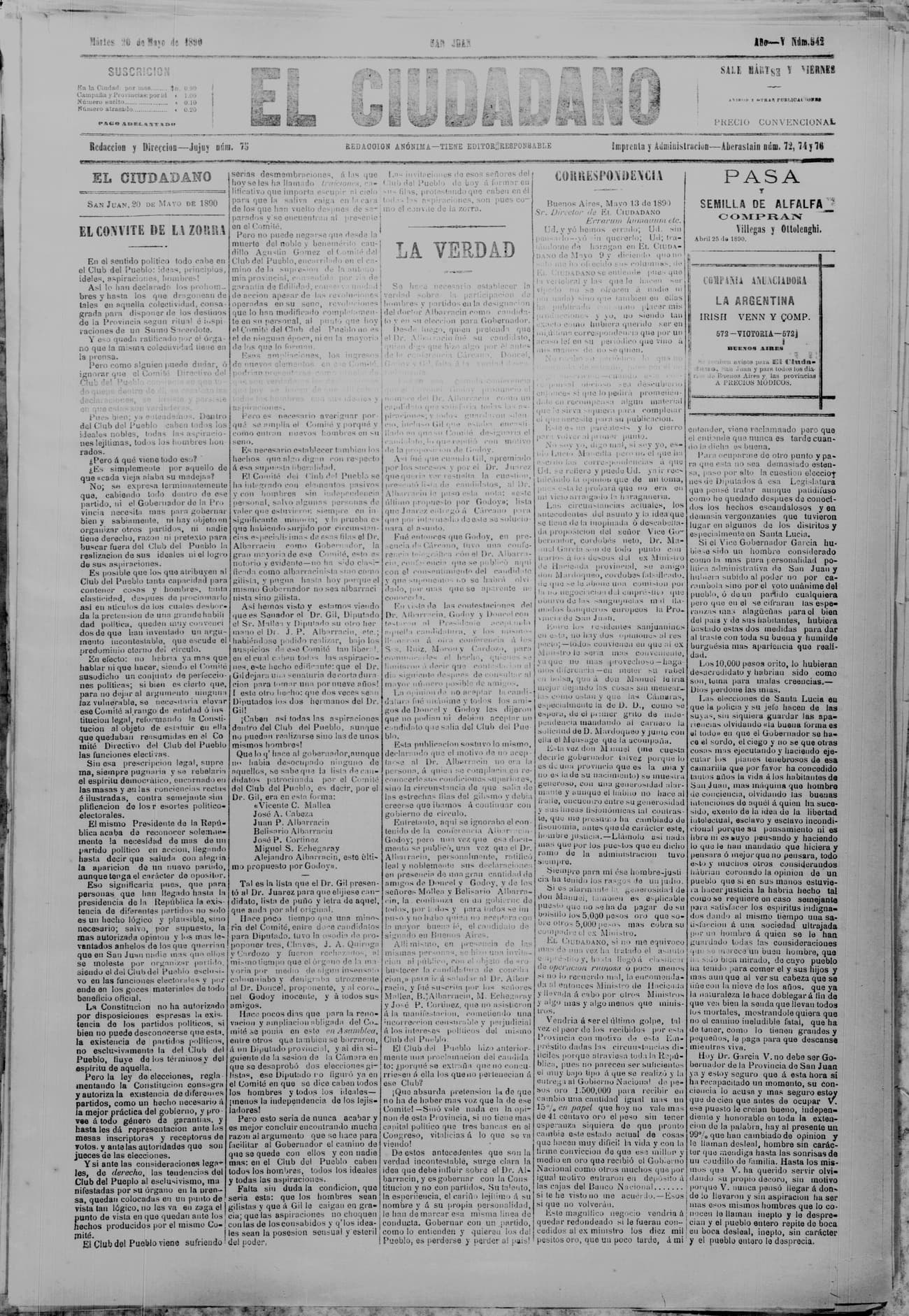 Portada · 20 de Mayo de 1890