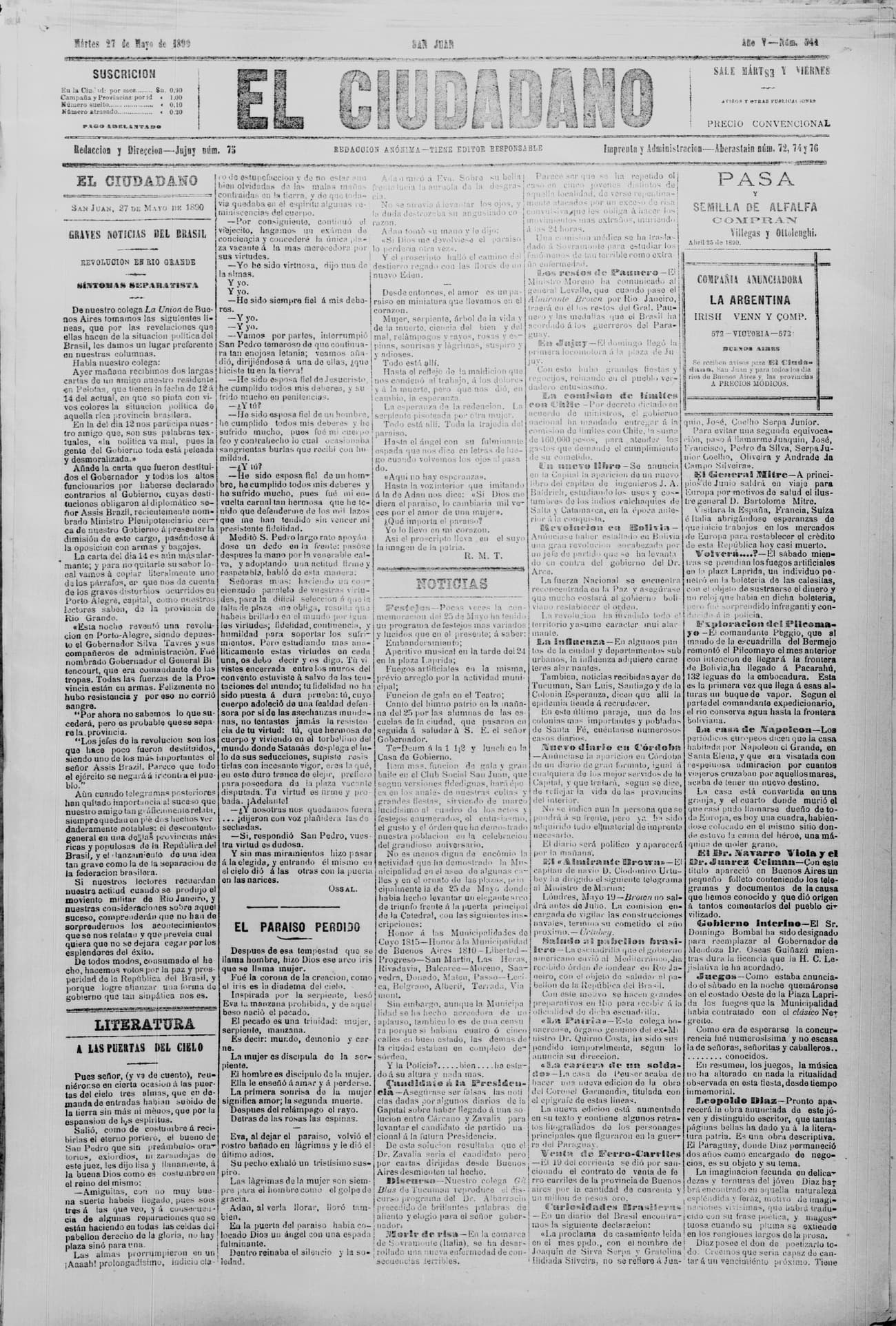 Portada · 27 de Mayo de 1890