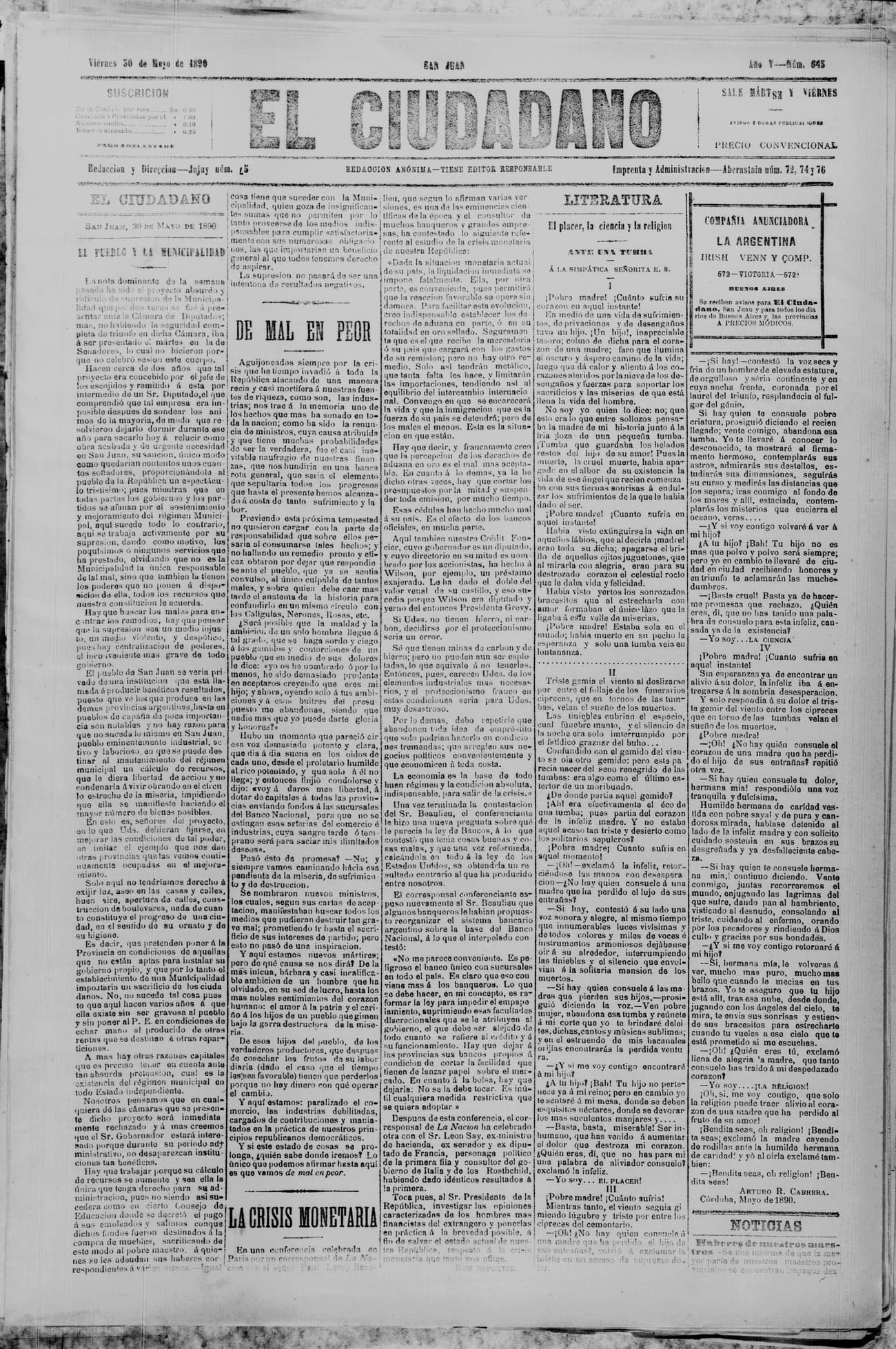 Portada · 30 de Mayo de 1890