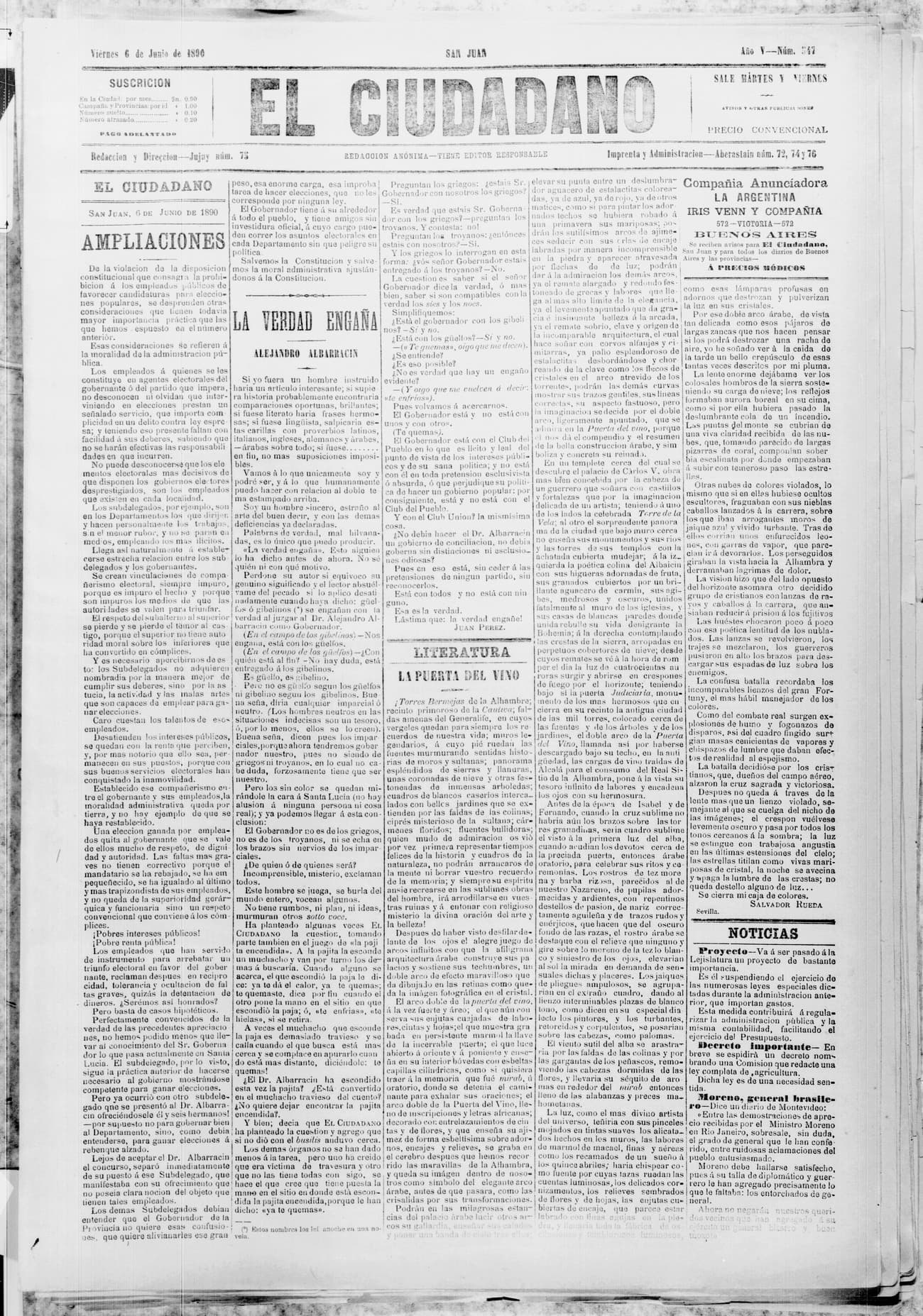 Portada · 6 de Junio de 1890