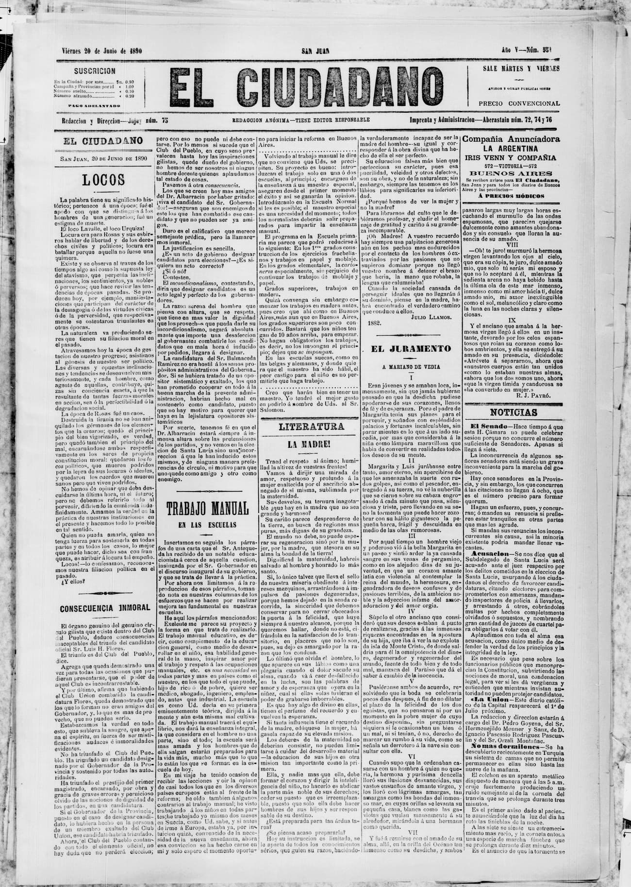 Portada · 20 de Junio de 1890
