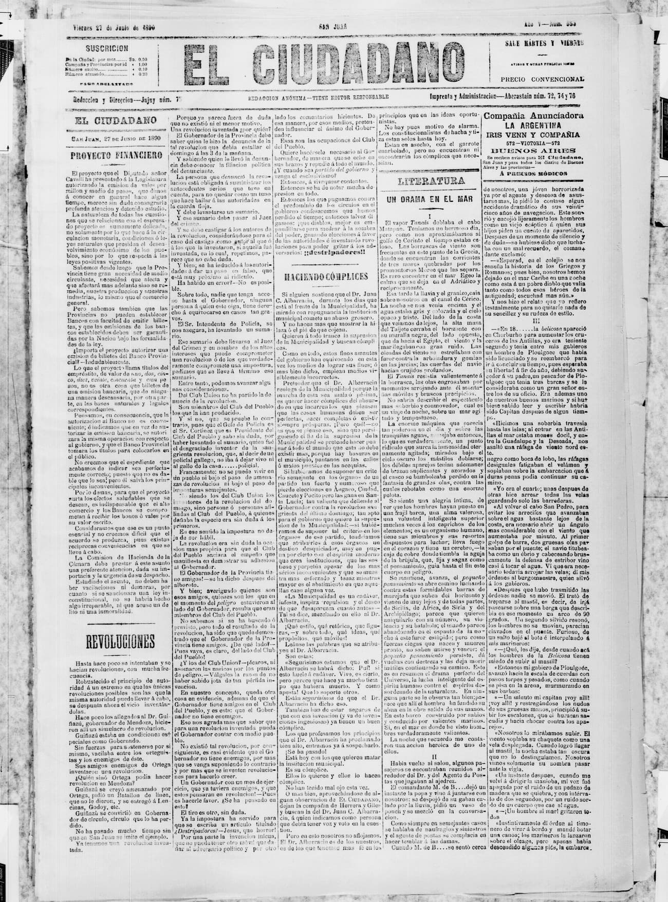 Portada · 27 de Junio de 1890