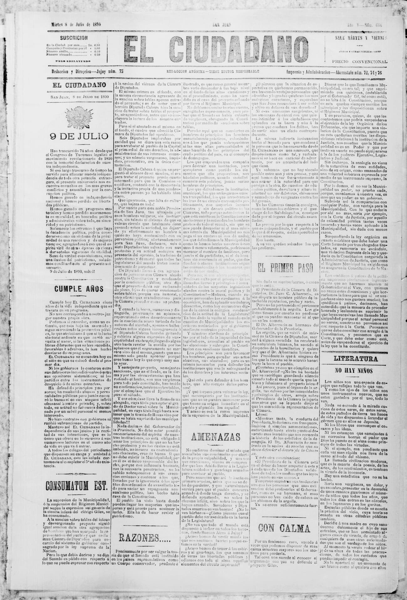 Portada · 8 de Julio de 1890