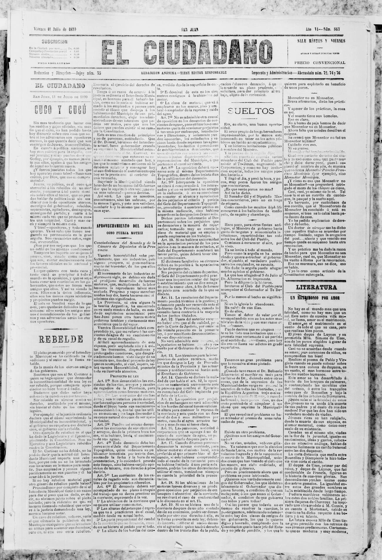 Portada · 11 de Julio de 1890