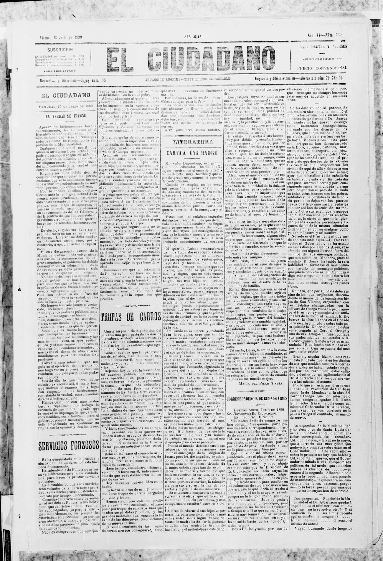 Portada · 15 de Julio de 1890