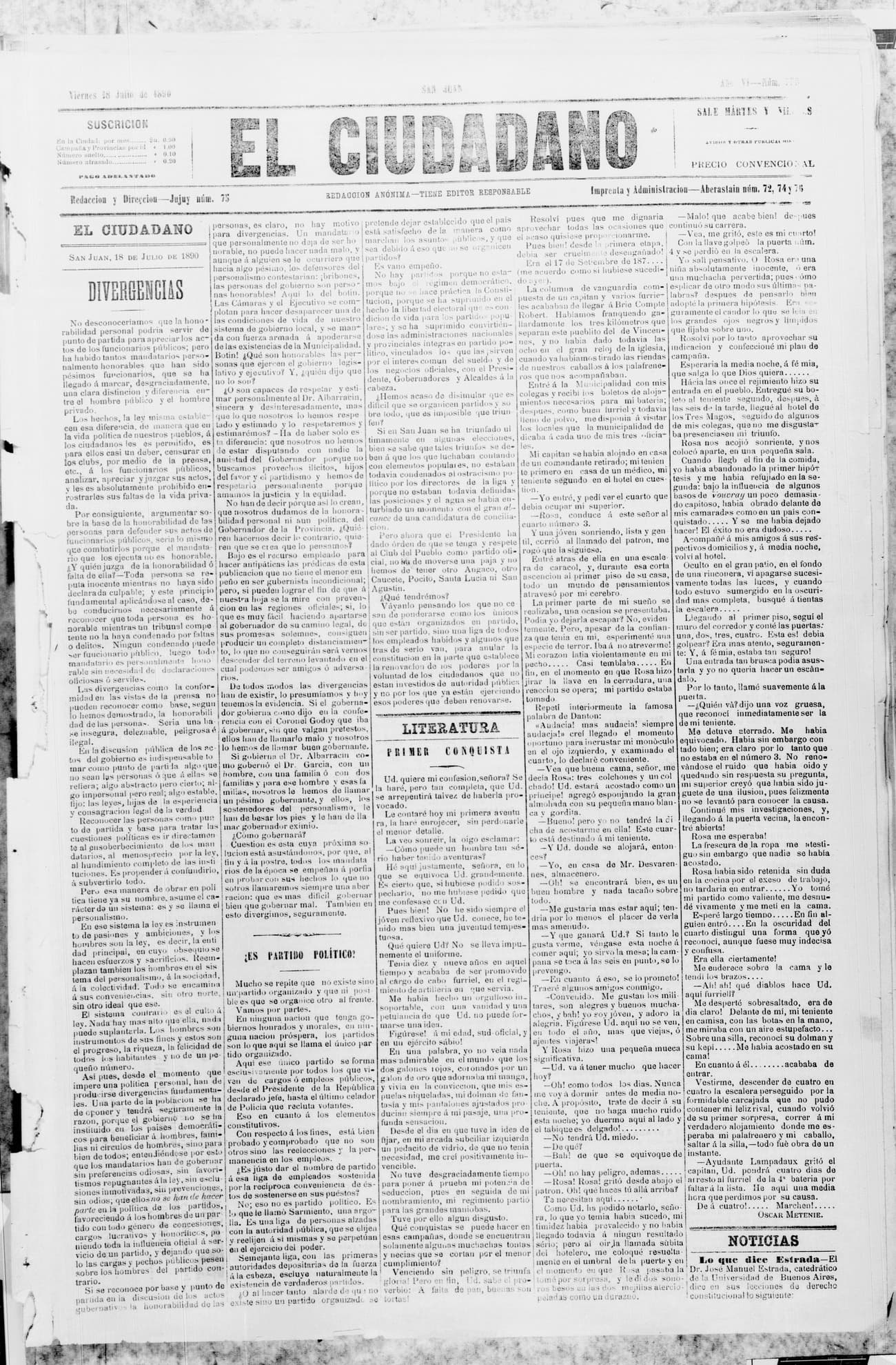 Portada · 18 de Julio de 1890