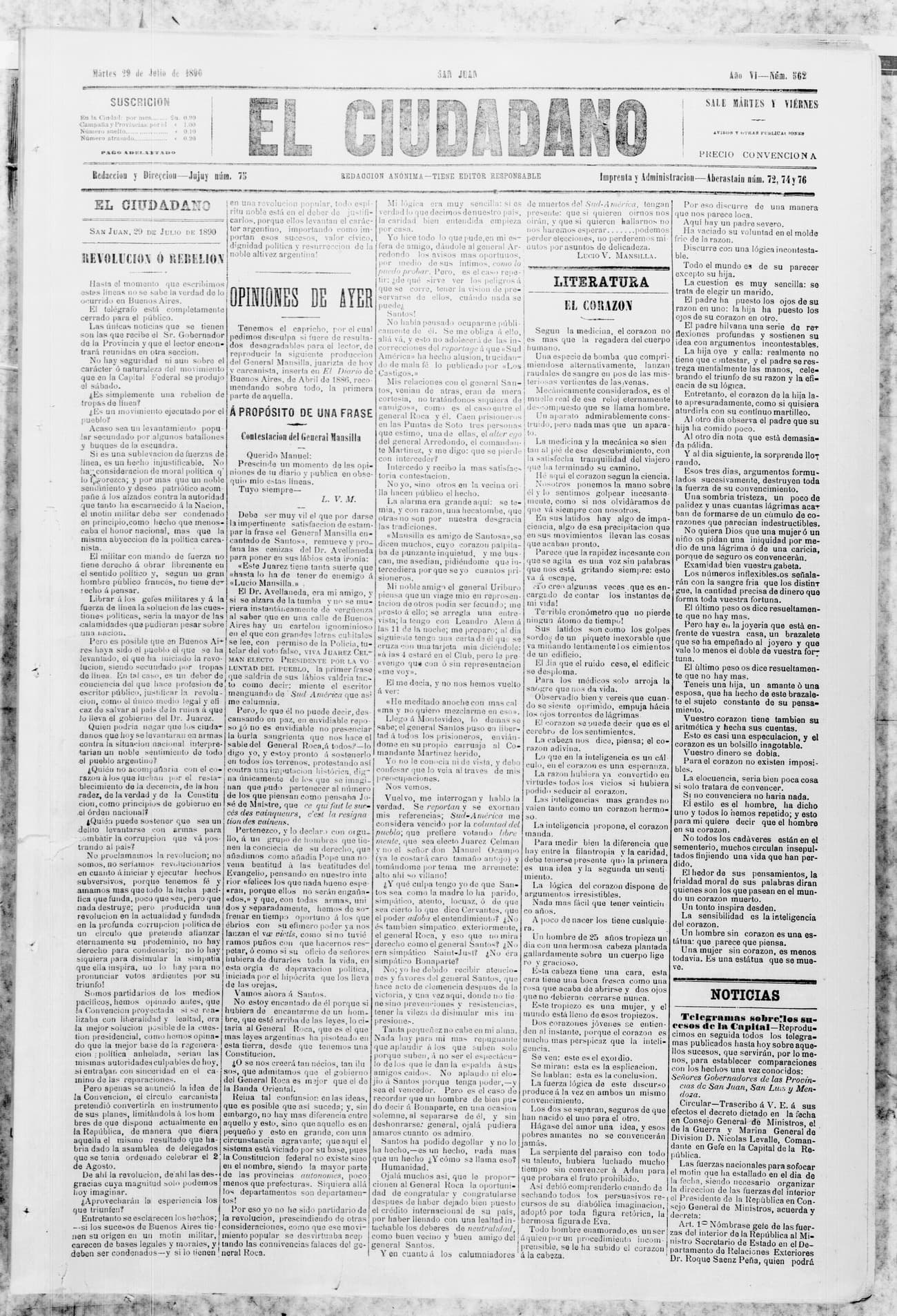 Portada · 29 de Julio de 1890